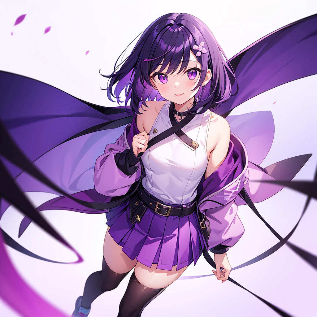 ((masterpiece, best quality, hiper detailed, highres, 16k, uhd)), 1girl, solo, sharp face, beautiful detailed face, dynamic angle, full body portrait, floating hair, expressive hair, long hair, black hair with purple highlight, purple eyes, beautiful detailed eyes, glowing purple eyes, black kimono with a short skirt, black highthighs, black boot, holding black katana, katana glowing purple,