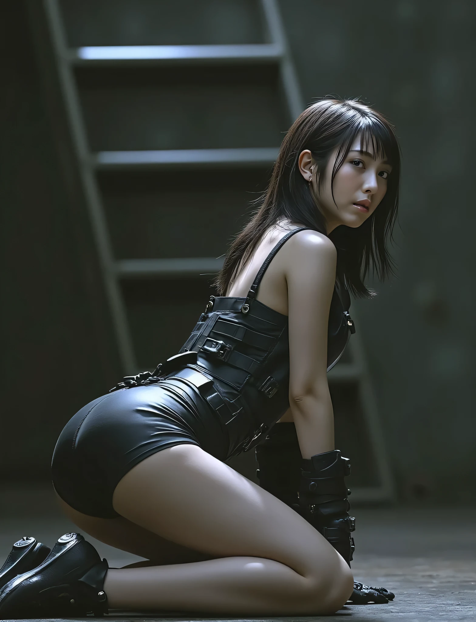 ((( on all fours ))),((Spread your legs 1.5)),(( kneel on the floor:1.5)),(( Dark interior of Nostromo :1.5),((whole body:2.0)),( Look Back and Look at the Camera:1.5),(Rear View:1.5),(Look back over your shoulder:1.5), one woman,( cute face),(Beautiful well-balanced face ),( natural big breasted :1.5),( black hair:1.5),( beautiful eyes:1.3),Glamorous shot of a 20 year old Japanese woman , Slender Beautiful Body ,( model body type:1.3),(Slim body:1.3), perfect body line, Ideal Proportions ,(( big breasts:2.0)),Bare thighs,Voluptuous thighs, delicate body,( Shrimp),A harmonious posture,(Realistic breast depiction ),(Realistic depiction of areolas), carefully depicts limbs based on perfect anatomy ,((Futuristic ninja-style black military vest :2.0)),((Perfect Naked:1.5)),(((I can't wear panties:2.0))),(((( lower body nude:1.5))),((Wear a ninja-style military vest over your nude body:1.9)),(ear monitor:1.5),((Tactical Holster:1.5)),( gloves:1.3), concept art,((( HR Gigger-style cyberpunk atmosphere :2.0))),( best quality :1.5),(masterpiece:1.5),(Super high resolution),resolution,UHD,( Delicate Depiction), carefully drawn with butterfly wings ,32K,(( realistic skin texture:1.5)),((( Ultra Realistic:1.5))),(( strong contrast:2.0)),Draw eyelashes carefully, very detailed face,Highly detailed female hand,Sexy appearance,Very sensual,(((The dark interior of the Nostromo ship :2.0))),(Blurry Dim Backgrounds :1.5), chicken,( movie lights:2.0),((Blade Runner Style Light :2.0))