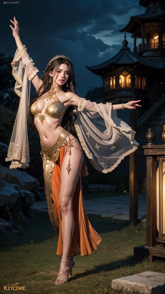 masterpiece, best quality, very aesthetic, absurdres, nsfw, xxx, 1girl, shizuru  \(princess connect!\), princess connect!, belly dance cosplay, dancer, 
autumn lights, topless, lens-flare, depth of field, dynamic angle, waving, woman standing in the lake