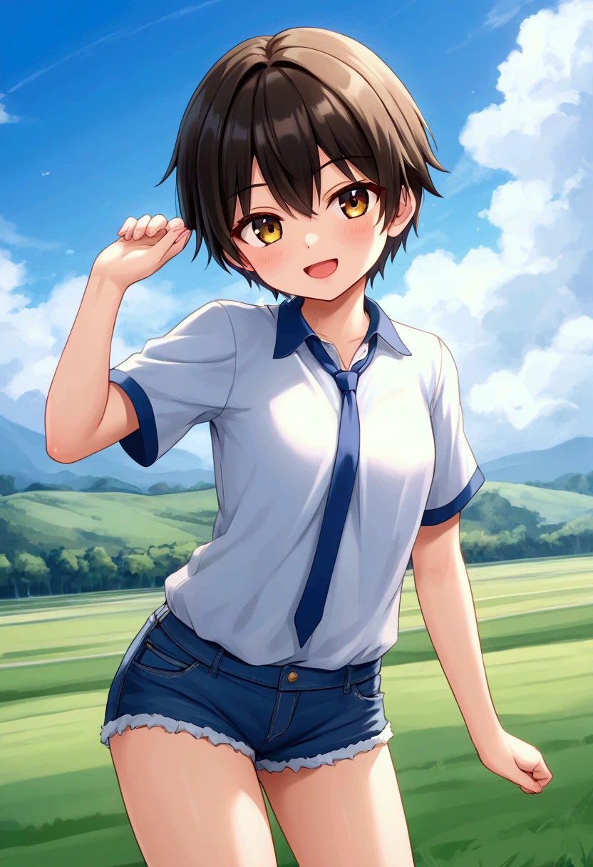 1girl-solo-short-hair-tomboy-loli-polo-shirt-denim-shorts-seaart-ai