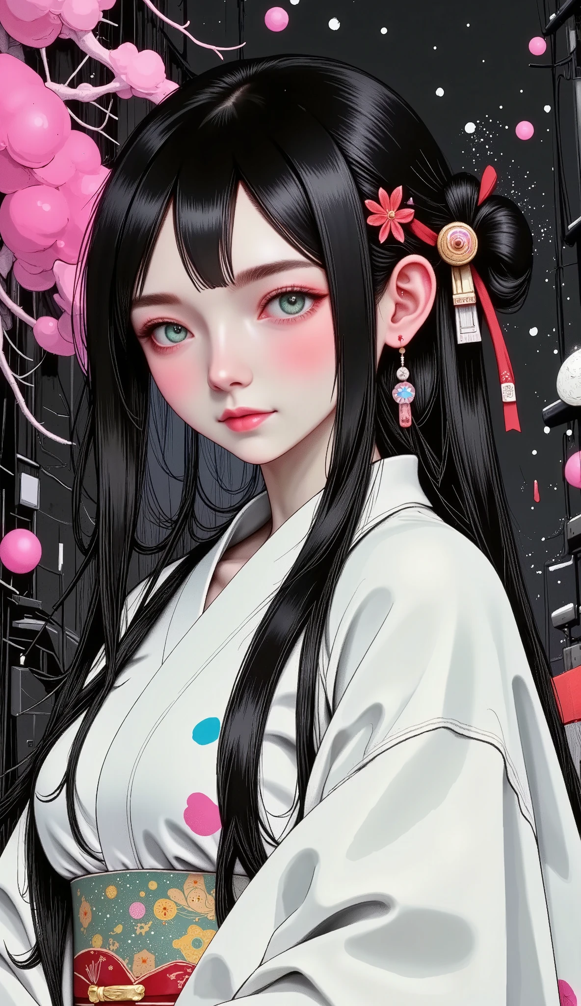 a woman in a kimono is standing with a white stole, portrait of Sadako de El Aro , handsome Japanese demon boy , white hime cut hairstyle , the penetrating gaze of a Yuki-Onna , Black Hime Haircut, with long white hair , Japanese Gothic, The haircut of hime , Sui Ishida with black hair, loose hair and long robes , Japanese goddess