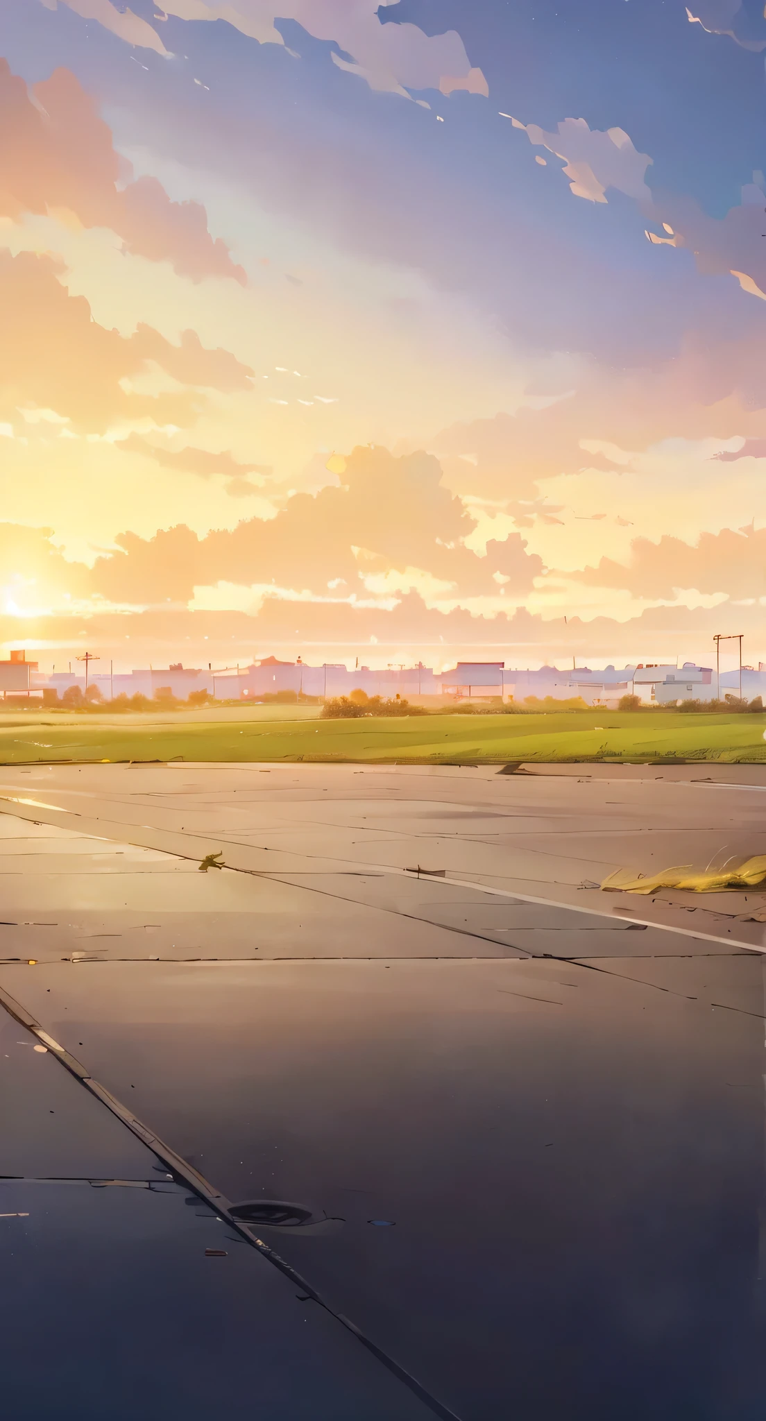  high quality ， HD，HD，16k， Full Details，Airstrip， The lawn in the distance ，houses，Half blue sunset ，Fire Cloud， warm light shines on the runway，On the lawn