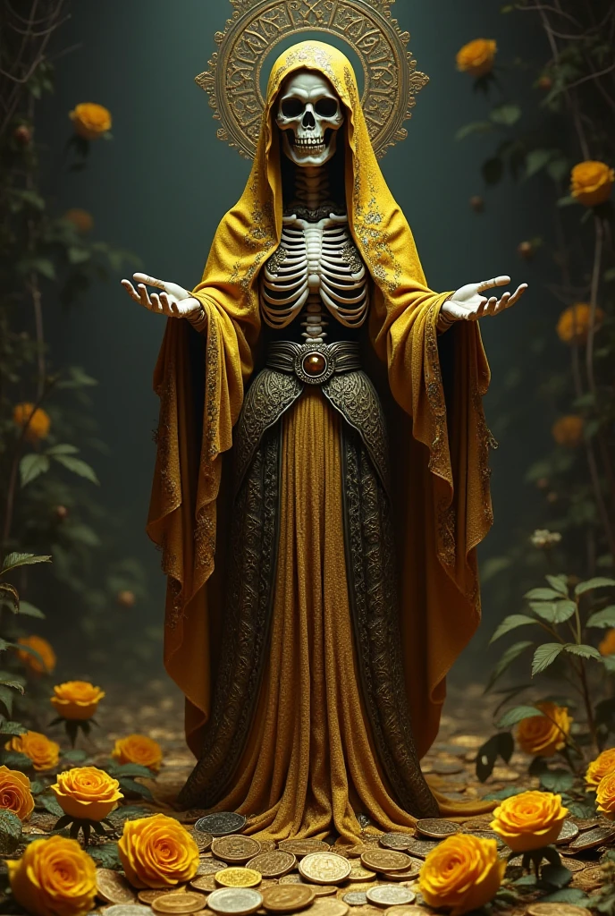 The Holy Death dressed in gold and wearing a crown