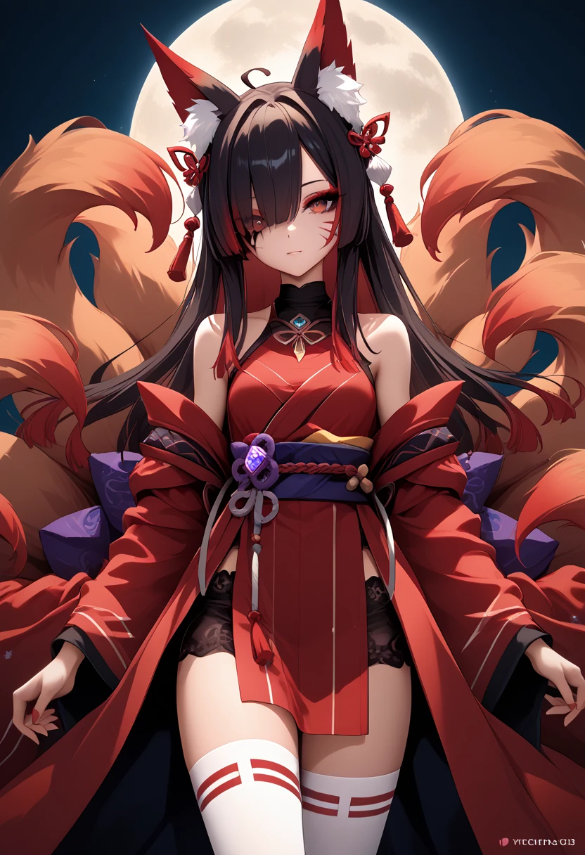 A black Kitsune red eyes highly detailed face highly detailed eyes large breasts sexy figure mature woman several black kitsune tails and soft long Kitsune ears, sexy red and black shogun armor apron