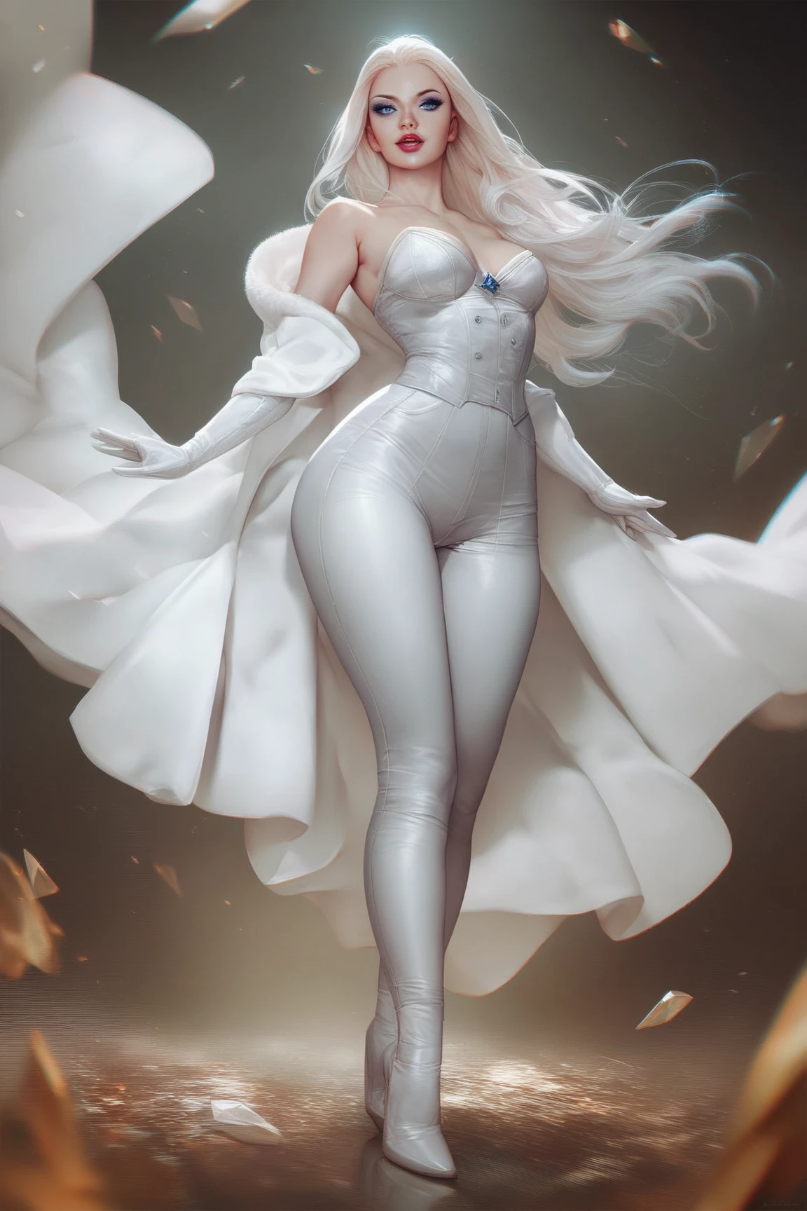 AMANDA SEYFRIED with breasts covered by ice and snow, light white fabric as smoke, blue eyes, white hair, black lipstick, white eyebrow, smoky makeup, dress of white fabric as wind, cold place, falling snow, blizzard, white gloves, white background, snowflakes, ice, lots of fog in the background, (photo with better quality, a masterpiece, sensuality and elegance, depth of field, HD, photography taken by Sony R7 camera with 85mm Full frame lenses, f1.2 aperture), portrait style