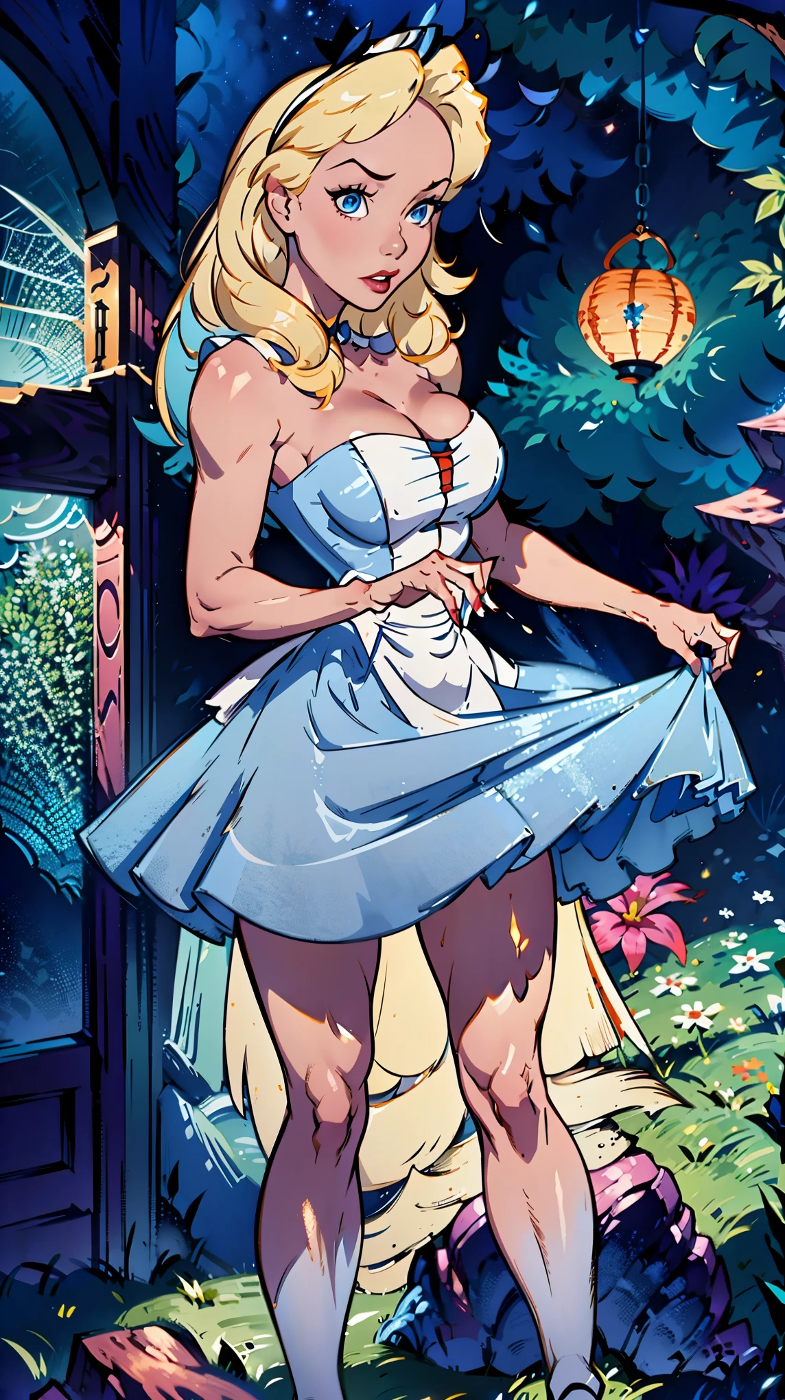 Alice Wonderland, Short transparent blue dress , showing panties, Masterpiece, Best Quality, Large breasts, Blue eyes, Blonde Hair, Looking at viewer, posing sexy