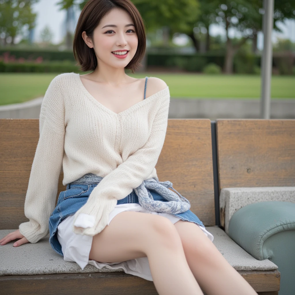 (Professional portrait, Professional Writing) ,masterpiece,Highest quality,Realistic,8K,Official Art, Ultra-high resolution, Shooting from below, (One young woman sitting, (spread legs:1.1),(showing Panty:1.5) ,Beautiful Face, smile, amusement park, Skirt flipped up, white panty、Casual sweatshirts、(Denim skirt:1.35), , , Clear cute big nipples, , Straight bangs, Medium Hair、Shrine maiden, , , 、Show your panties neatly from the front、Japanese girls like the ones in the photo, Pale-skinned girl, , , necklace, 24-years-old, , , ,, 8K, , Plain eyes、, realistic breasts, , realistic girl, beautiful girl、kawaii、I am studying, Brown Hair、Cheerleader、ribbon、アイドルステージ, , Showing teeth、(Pure white panties made of lace:1.1), (knees up:1.4), (Look to the side:1.6),