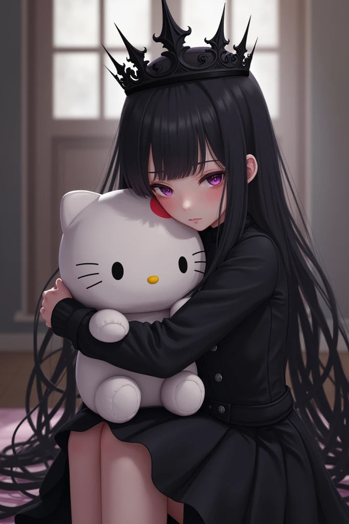 Girl with a black crown long hair black clothes black skirt hugging a plush toy with Hello Kitty