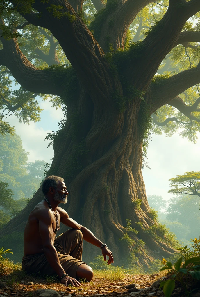 A man was guarding watermelons under a banyan tree