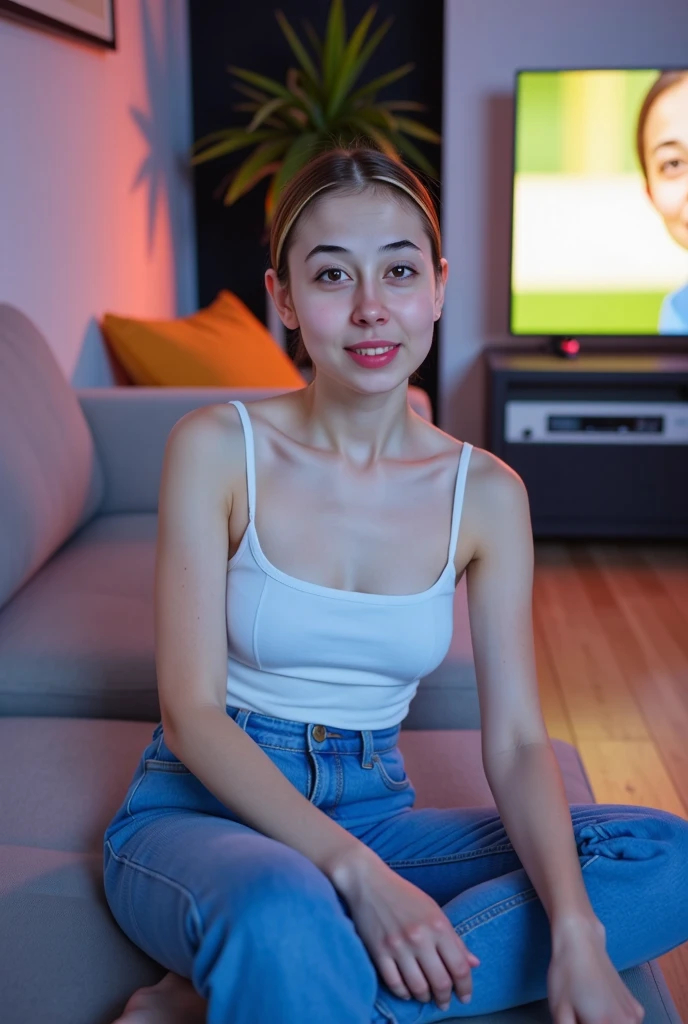there are two people sitting on a couch in a living room, a portrait by Romain brook, reddit, hyperrealism, sitting in french apartment, very very low quality picture, 4 k post, 4k post, in a japanese apartment, in a living room, discovered photo, high picture quality, photo portrait, reddit post, sitting on a couch