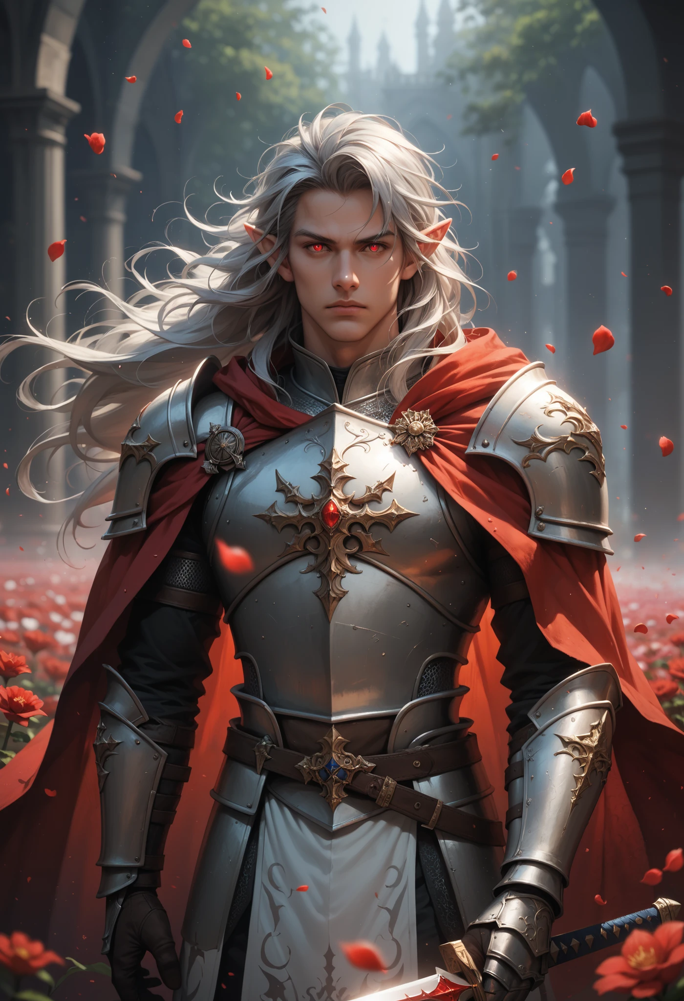 score_9, score_8_up, score_7_up, (masterpiece, UHD, 8K, 16K, ultra detailed), sfw, medium shot, 1male, elf, red eyes, glowing eyes, straight long hair, messy hair, silver hair, (hair cover half face), stern, masculine face, wearing (black heavy armor) with red cloak, (metal reflections), (holding_weapon, sword), detailed armor, intricate details, (RPG, Knight), murmuring red flowers petals, (mist, wind:1.2), (dark fantasy: 1.3), vein and thorny plants in background, dark background, (depth of field), bokeh, diffused light, (dramatic ambient)
