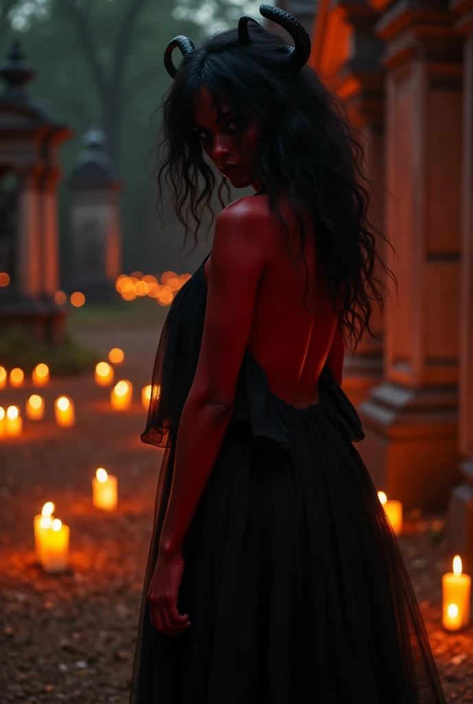 beautiful african, naked, covered in blood, red and black roses. jovial laughter, cemetery, floor length hair, Wavy, wind, candles, terror, full moon