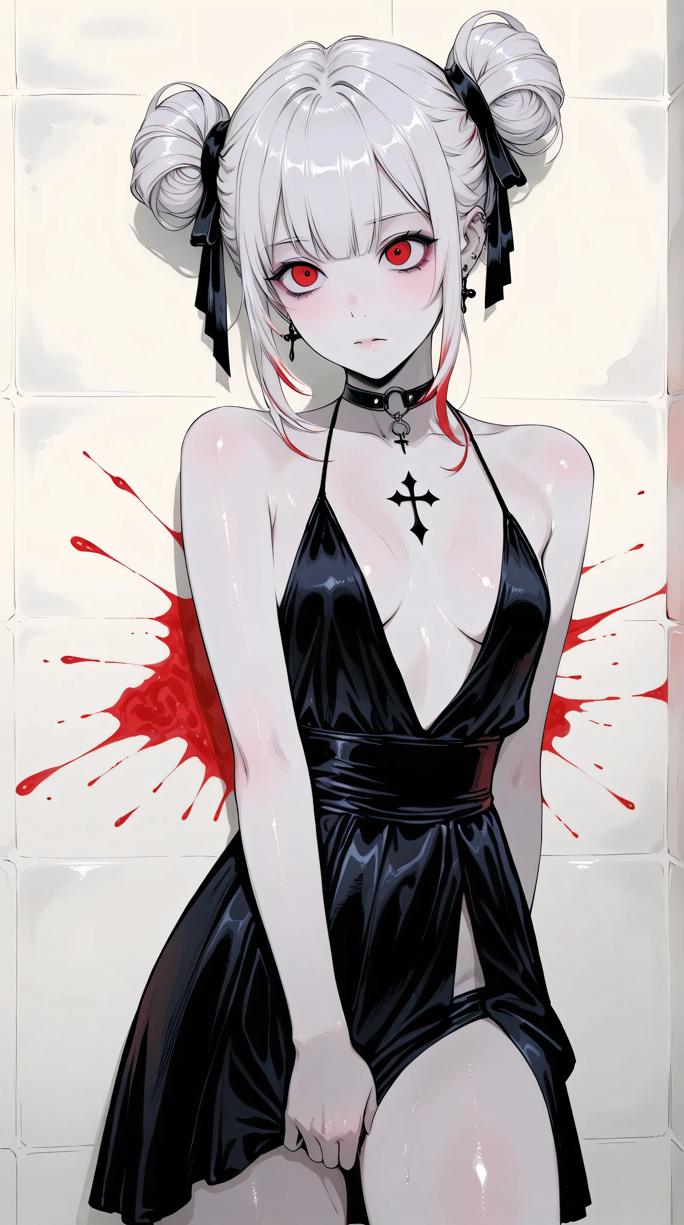Kizi,Highly detailed, Amazing work,Vitreous luster,((clean backdrop)),In black,red colors,white color,Best quality at best,clean backdrop, shiny skin, goth, plunging neckline, hairbuns,