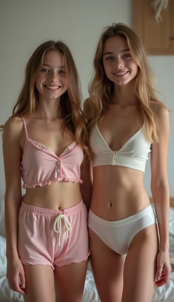 Two adorable young teen girls in cute, skimpy pajamas having a sleepover, wearing tight cotton panties