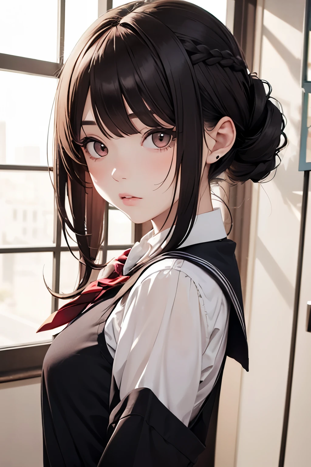 masterpiece, 1girl ,pale skin,face,nsfw,Age 15,small breasts,school uniform,half up hair, half up half down hair,French braid,color々Hairstyle