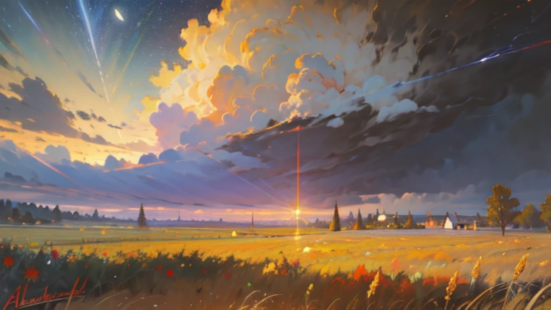 Landscape, wheat farm, (sunflower:0.6), open field, country road, livestock, long winding path, panorama, (Villa:0.5),
(oil painting by Albert Bierstadt, ,)
sunset, flight of birds,
(Top quality, masterpiece,best quality, 8k wallpaper, hyper-realistic, ultra details:1.3), (bright colors), vibrant,
(perfect lighting, cinematic light, bloom:1.1), sunlight in the window, (sharp focus, depth of field, bokeh:1.2),(dynamic angle:1),
sunset, starry sky, , storm cloud,
(bichu, oil painting, Impressionism:0.2)