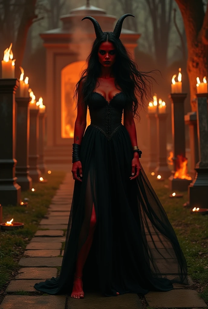 (Masterpiece artwork) (the best quality) In a dark room of a strange reddish mist and golden sparks emerges a beautiful and lovely witch of demonic appearance and great magical powers... Your hair is being lifted by a mysterious wind.