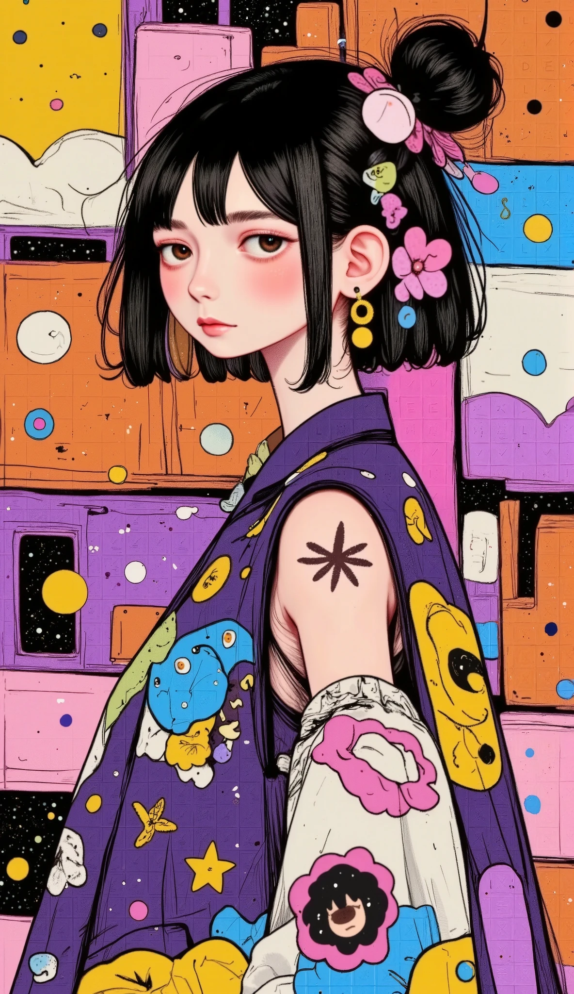 (( general plane ,  Full body :1.6)), purple: 1.5, orange: 1.1, white: 1.3, yellow: 1.3, ( Rapper girl with terrifying hair ), tatuajes, (hot air balloon clothing: 1.2), flower, leaves, born in the mist, Lines, Background circles,  action pose, 32k.