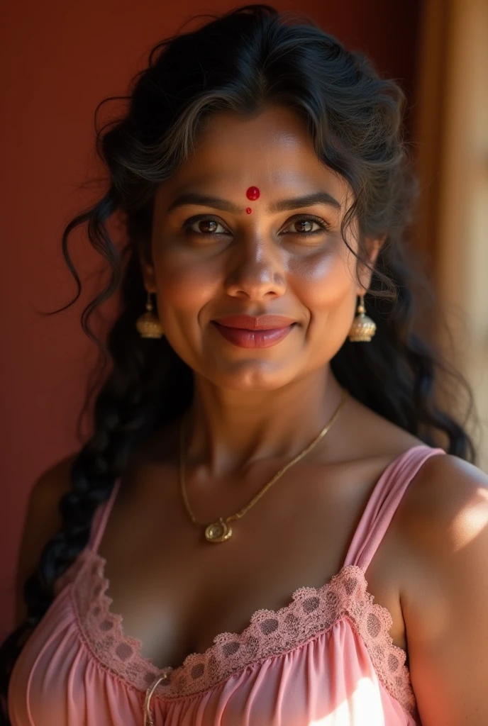 (wide shot, editorial photograph of a 41 year old South indian woman in a bikini of red color), (highly detailed face:1.4) (smile:0.7) (background inside dark, moody,) POV, photograph,rich colors ,hyper realistic ,lifelike texture, dramatic lighting ,