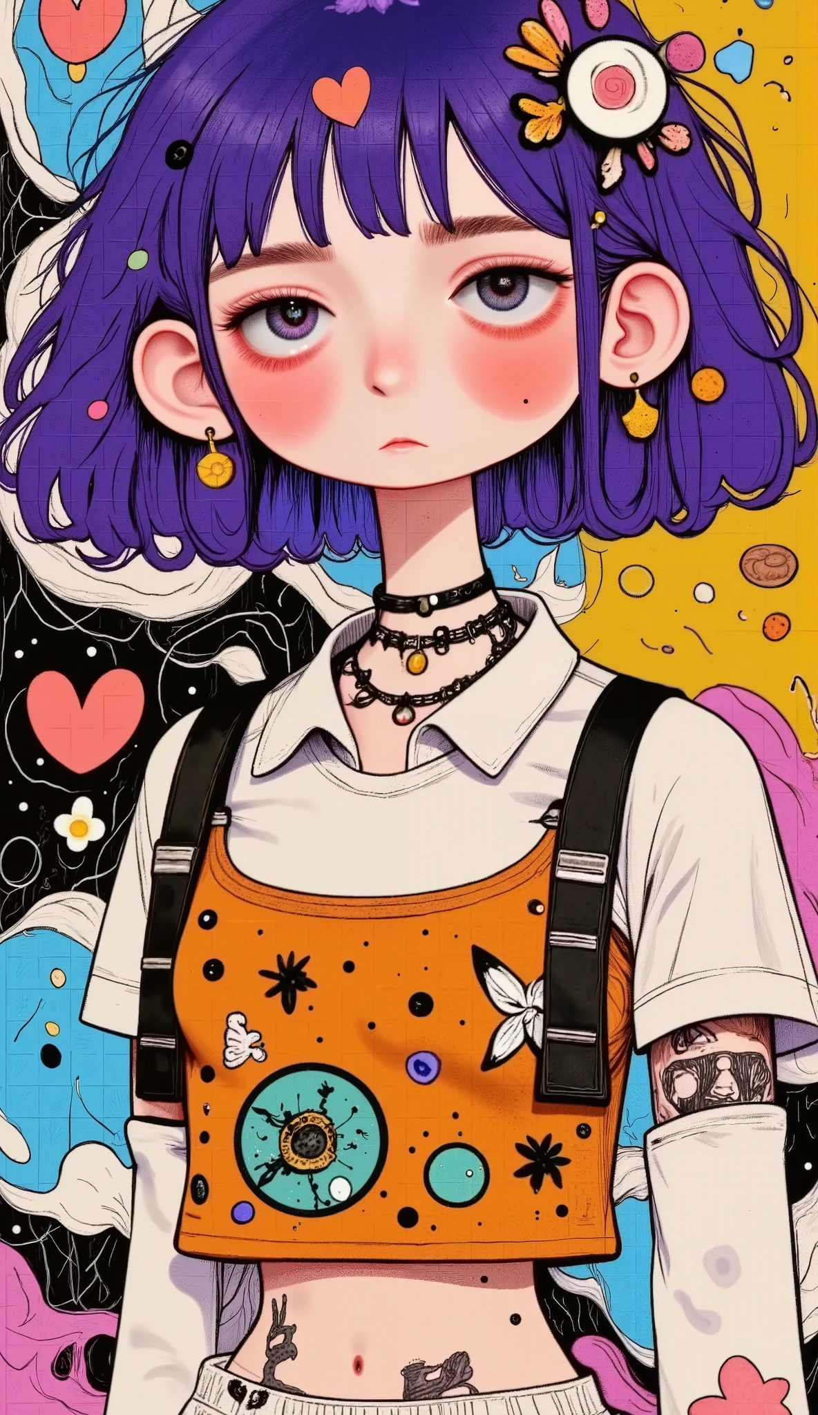(( general plane , Full body :1.6)), purple: 1.5, orange: 1.1, white: 1.3, yellow: 1.3, ( Rapper girl with terrifying hair ), tatuajes, (hot air balloon clothing: 1.2), flower, leaves, born in the mist, Lines, Background circles, action pose, 32k.