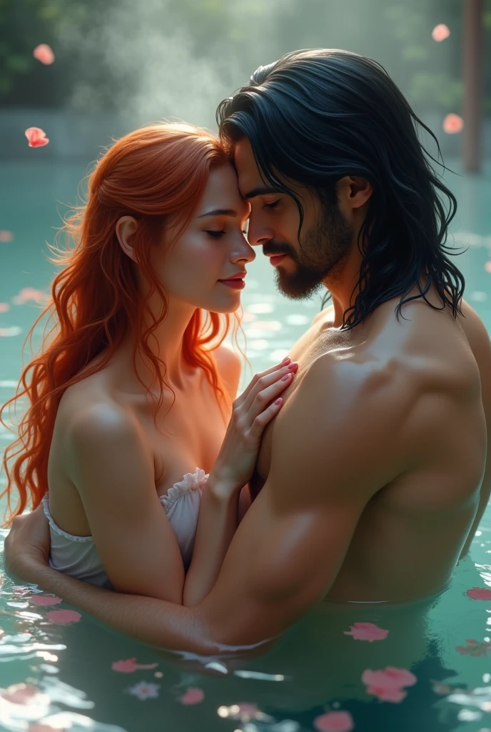 Claude Monet painting style, Make me a painting of a black-haired man and a red-haired woman in a bathtub hugging each other