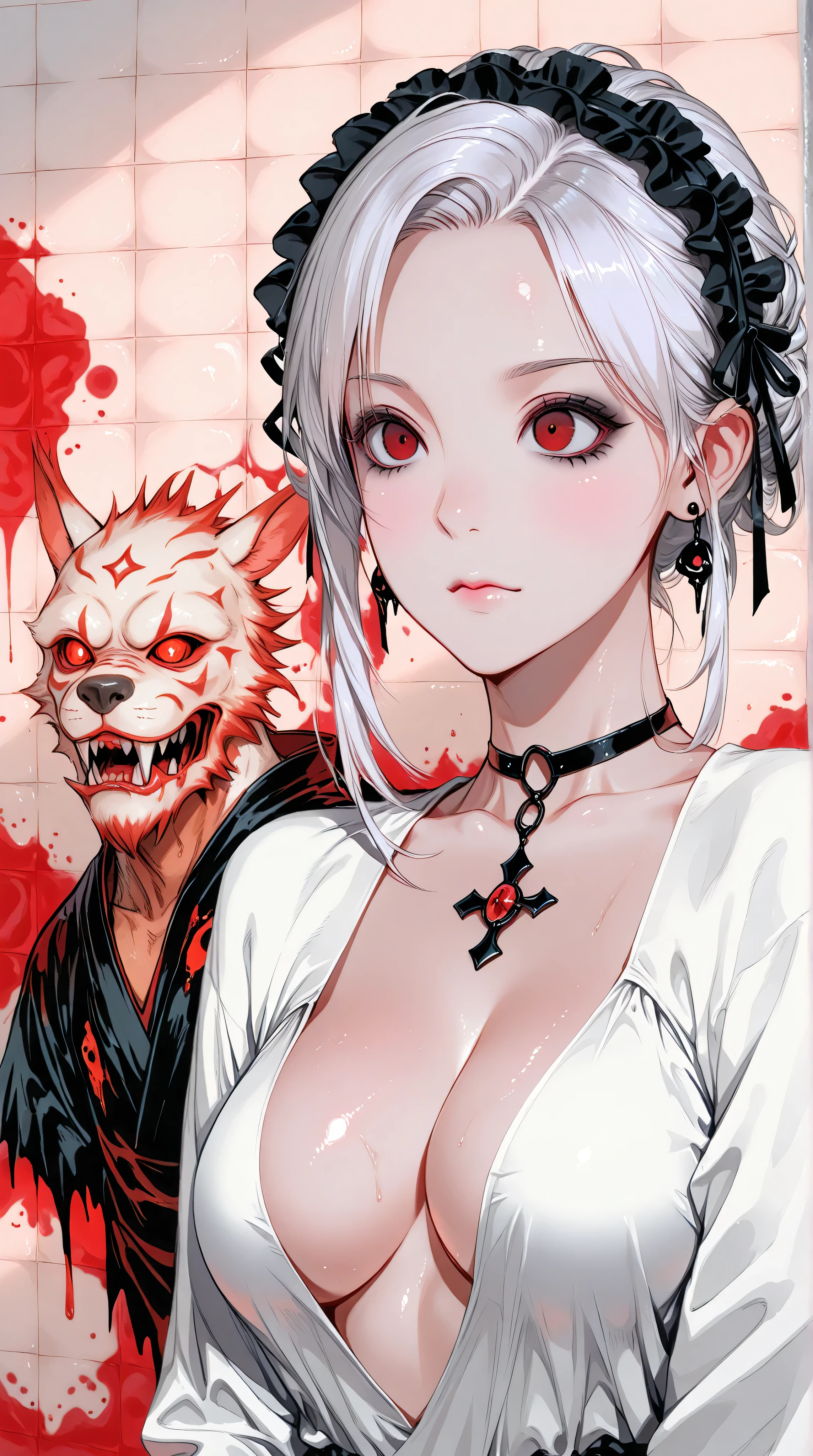 Kizi,Highly detailed, Amazing work,Vitreous luster,((clean backdrop)),In black,red colors,white color,Best quality at best,clean backdrop, shiny skin, goth, plunging neckline, perfect breasts, cleavage, ghibli,
