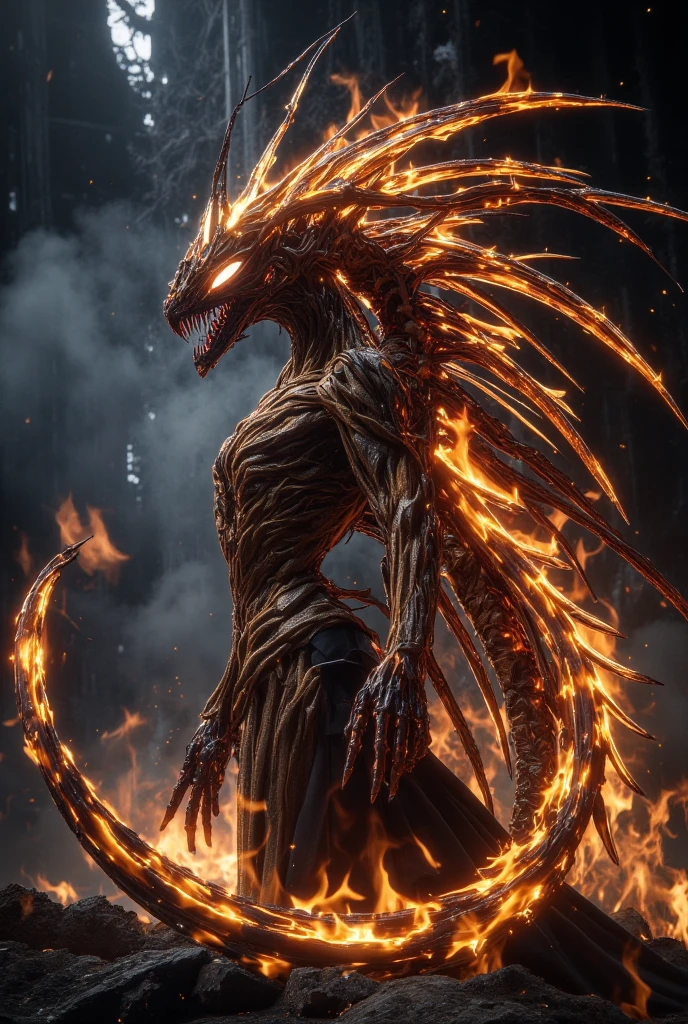 dragon girl, scales, <lora:add_detail:0.5> red skin, wing, tail <lora:FireMan:1.0> fire, small breasts, claw pose