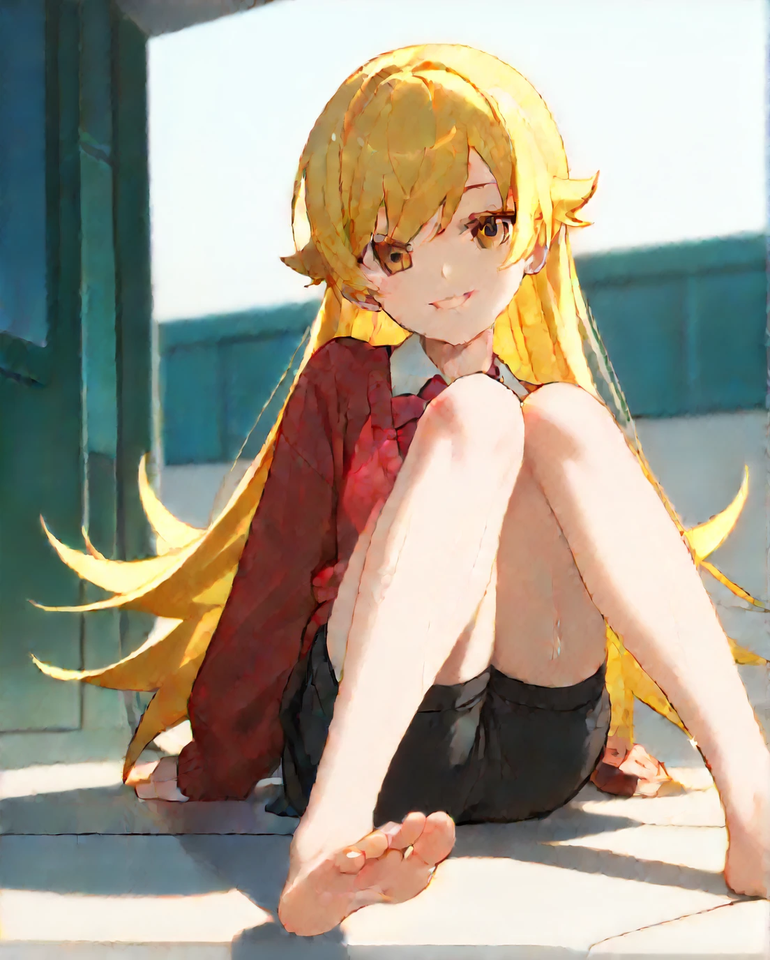 score_9,score_8_superior,score_7_superior,shinobu oshino, One girl,sole, barefoot,Feet Focus,View your viewers,Sitting,Sweat, A woman wearing a cardigan is smiling gently, long hair,1girl, Solo, Long Hair, High Resolution,Masterpiece, Anatomically Correct, Accurate, Best Quality, Award Winning, Detail, High Details, Quality, Super Detailed, UHD, Textured Skin, High Quality,