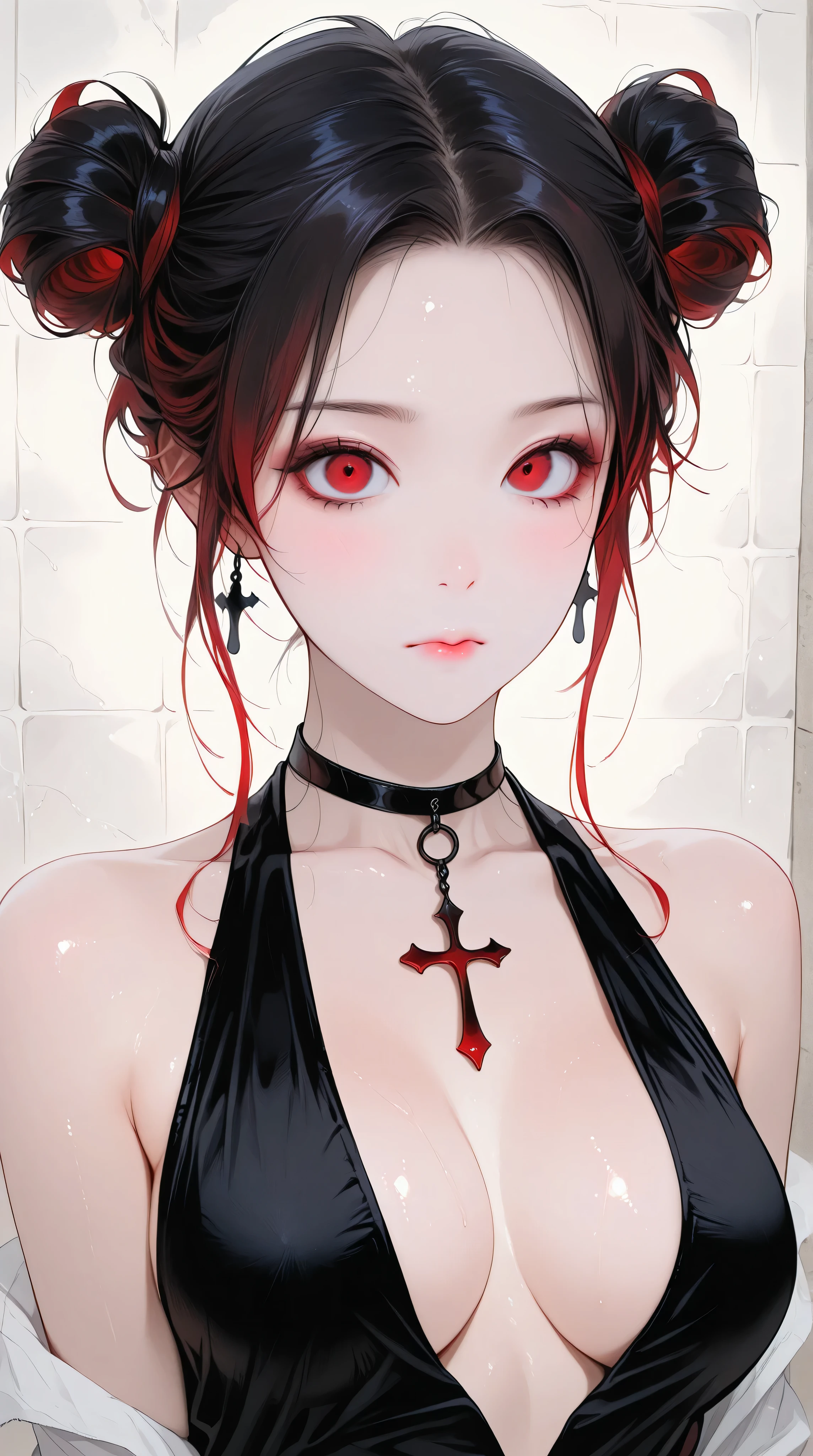 Kizi,Highly detailed, Amazing work,Vitreous luster,((clean backdrop)),In black,red colors,white color,Best quality at best,clean backdrop, shiny skin, goth, plunging neckline, perfect breasts, cleavage, ghibli, hairbuns,