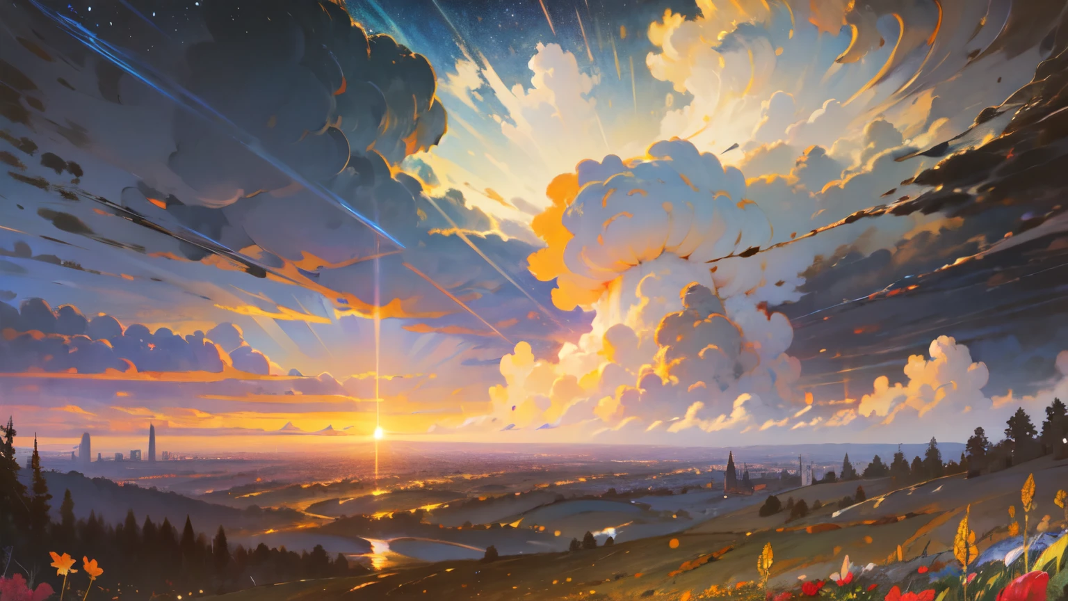 Landscape, wheat farm, (sunflower:0.6), open field, country road, livestock, long winding path, panorama, (Villa:0.5),
(oil painting by Albert Bierstadt, ,)
sunset, flight of birds,
(Top quality, masterpiece,best quality, 8k wallpaper, hyper-realistic, ultra details:1.3), (bright colors), vibrant,
(perfect lighting, cinematic light, bloom:1.1), sunlight in the window, (sharp focus, depth of field, bokeh:1.2),(dynamic angle:1),
sunset, starry sky, , storm cloud,
(bichu, oil painting, Impressionism:0.2)