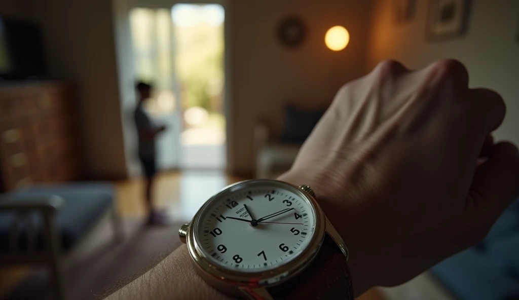 "A close-up of a wristwatch showing time 6:58 p.m., with a focused person’s hand hovering over the watch, their fingers tense as if checking the time for confirmation. In the background, a family home looms with the door partially open, inviting yet full of implied pressure. The atmosphere is heavy with anticipation, and the contrast between the ticking time and the sense of urgency in the person’s expression emphasizes the rigid expectations within the family."