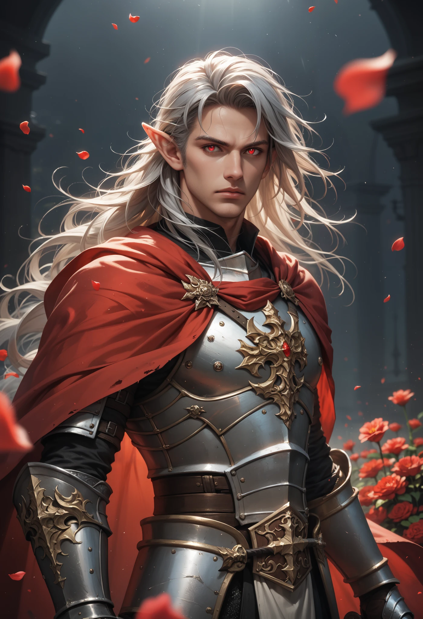score_9, score_8_up, score_7_up, (masterpiece, UHD, 8K, 16K, ultra detailed), sfw, medium shot, 1male, elf, red eyes, glowing eyes, straight long hair, messy hair, silver hair, (hair cover half face), stern, masculine face, wearing (black heavy armor) with red cloak, (metal reflections), (holding_weapon, sword), detailed armor, intricate details, (RPG, Knight), murmuring red flowers petals, (mist, wind:1.2), (dark fantasy: 1.3), vein and thorny plants in background, dark background, (depth of field), bokeh, diffused light, (dramatic ambient)