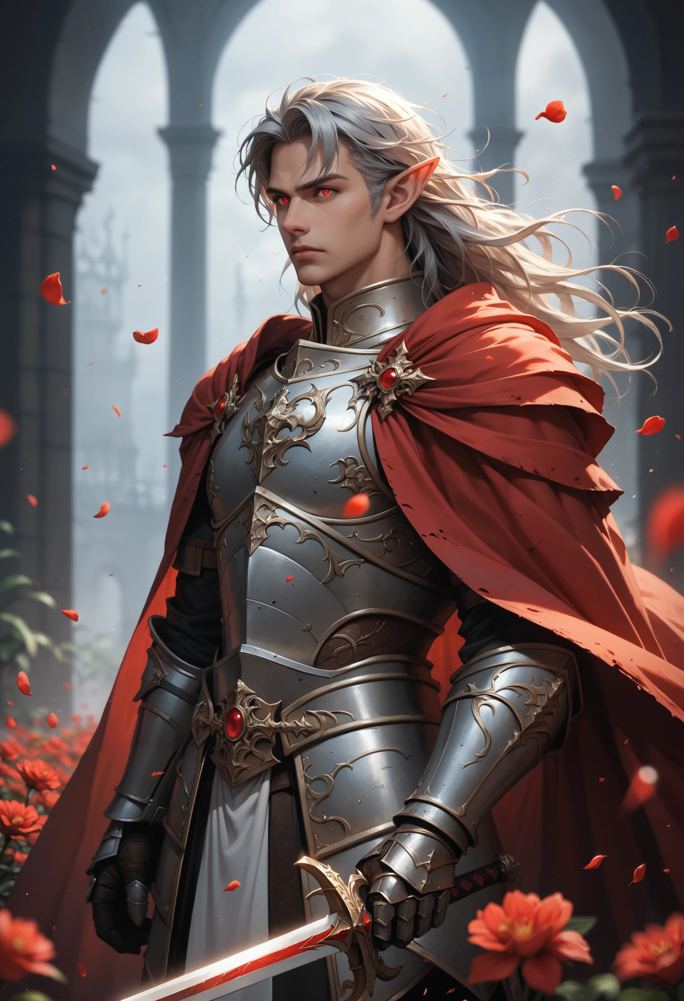 score_9, score_8_up, score_7_up, (masterpiece, UHD, 8K, 16K, ultra detailed), sfw, medium shot, 1male, elf, red eyes, glowing eyes, straight long hair, messy hair, silver hair, stern, masculine face, wearing (black heavy armor) with red cloak, (metal reflections), (holding_weapon, sword), detailed armor, intricate details, (RPG, Knight), murmuring red flowers petals, (mist, wind:1.2), (dark fantasy: 1.3), vein and thorny plants in background, dark background, (depth of field), bokeh, diffused light, (dramatic ambient)