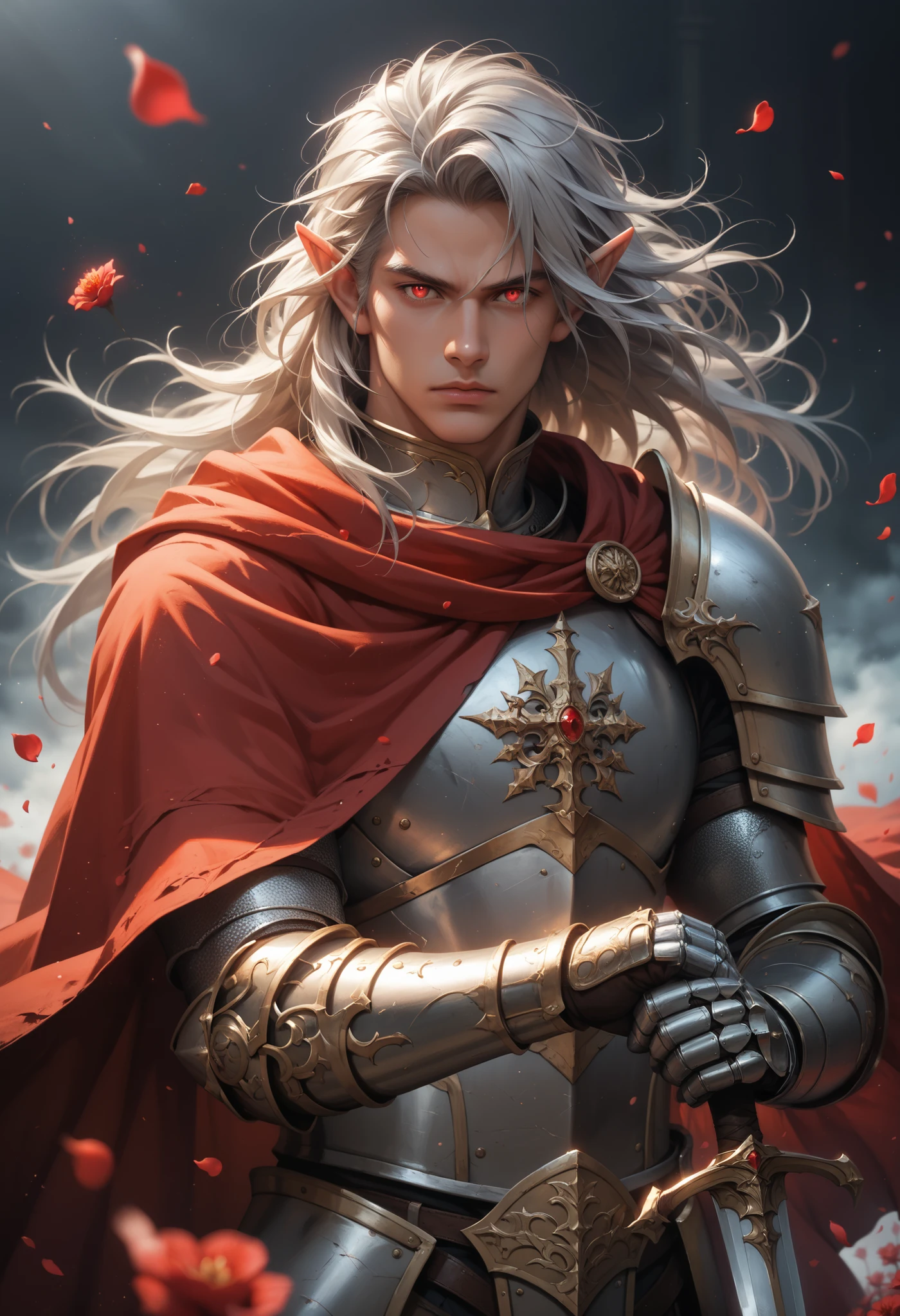 score_9, score_8_up, score_7_up, (masterpiece, UHD, 8K, 16K, ultra detailed), sfw, medium shot, 1male, elf, red eyes, glowing eyes, straight long hair, messy hair, silver hair, stern, masculine face, wearing (black heavy armor) with red cloak, (metal reflections), (holding_weapon, sword), detailed armor, intricate details, (RPG, Knight), murmuring red flowers petals, (mist, wind:1.2), (dark fantasy: 1.3), vein and thorny plants in background, dark background, (depth of field), bokeh, diffused light, (dramatic ambient)