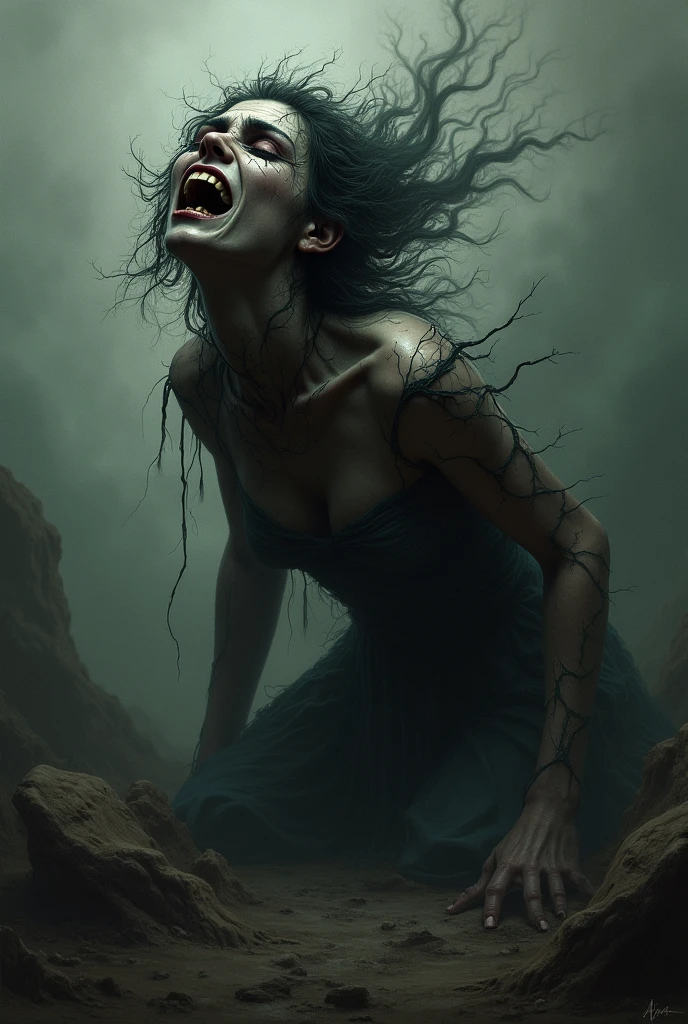 drawing line in comic book style art, monstrous mermaid with deformed and holey face thin almost skeletal body with head missing hair with holes missing hair blurred image