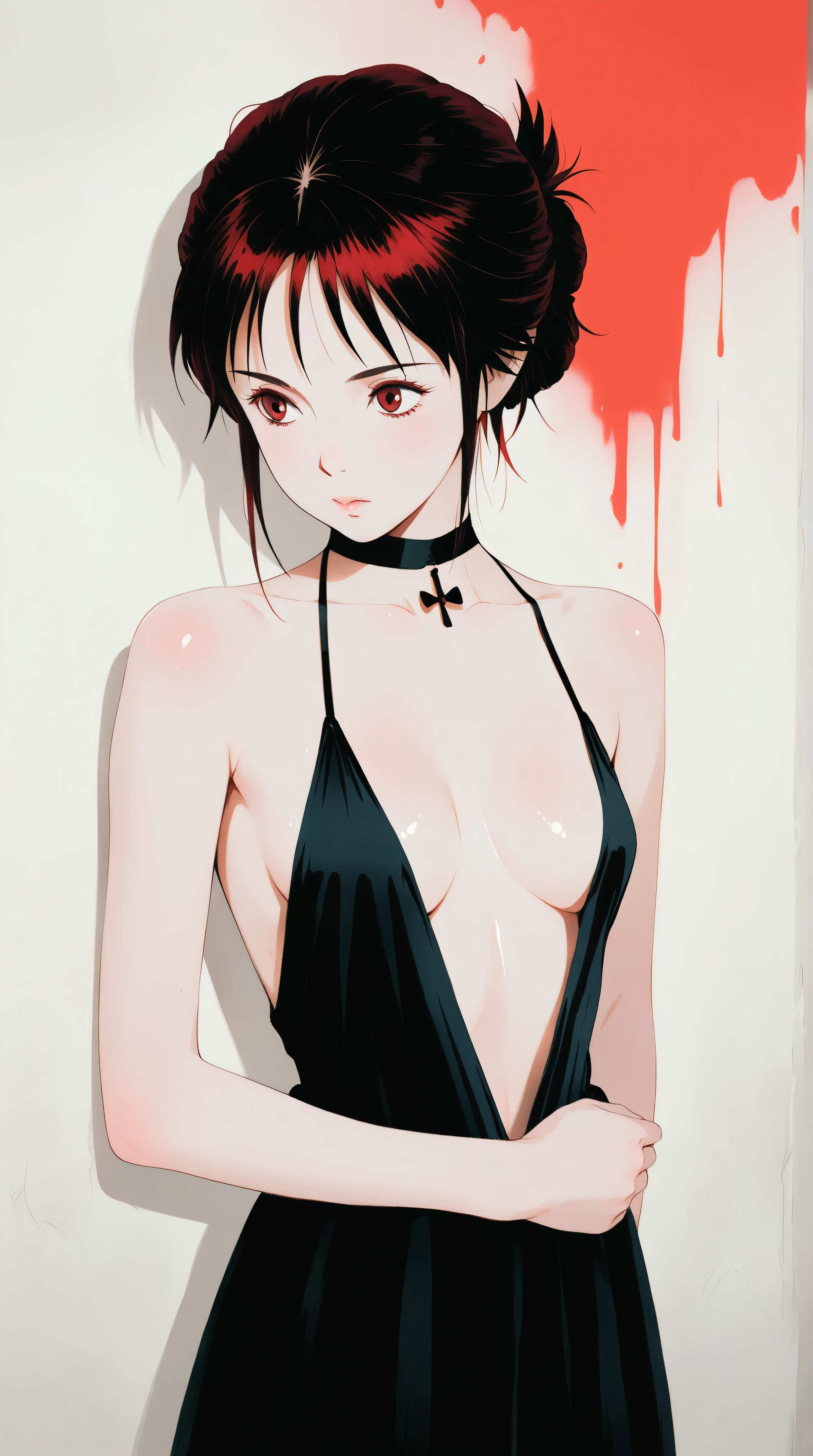 Kizi,Highly detailed, Amazing work,Vitreous luster,((clean backdrop)),In black,(((red colors))),white color,Best quality at best,clean backdrop, shiny skin, goth, plunging neckline, small breasts, cleavage, ghibli,