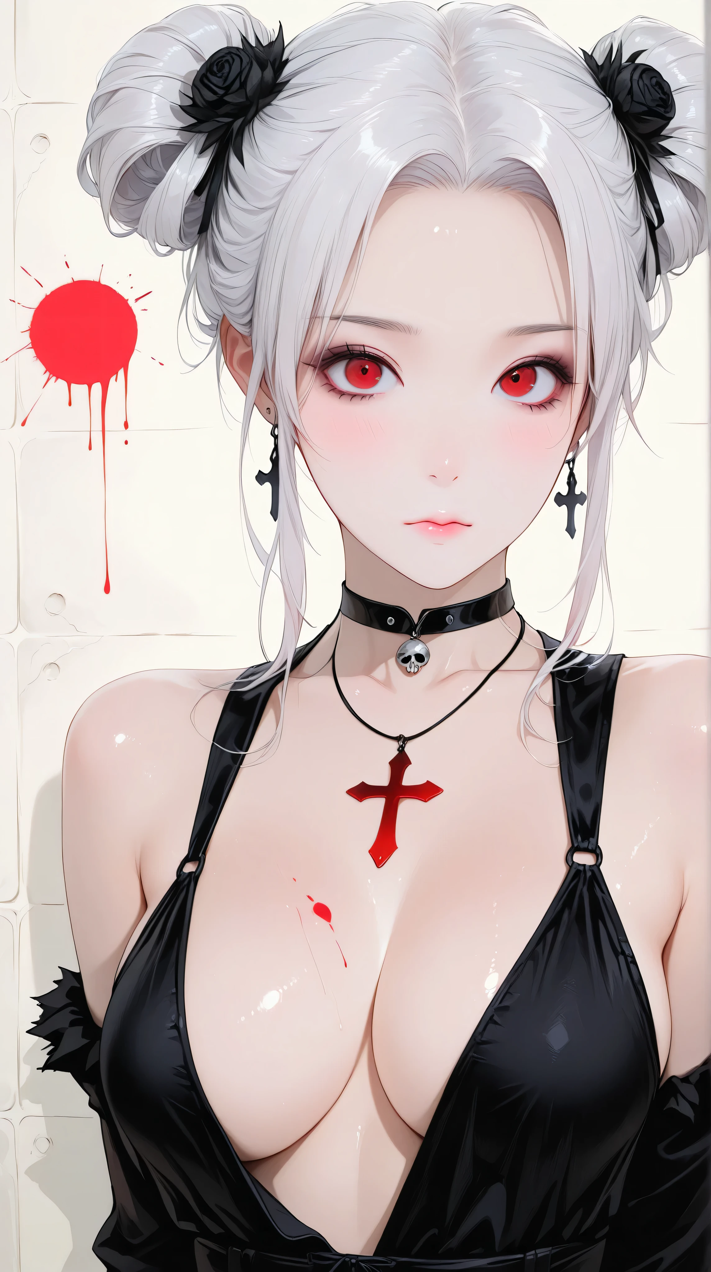 Kizi,Highly detailed, Amazing work,Vitreous luster,((clean backdrop)),In black,red colors,white color,Best quality at best,clean backdrop, shiny skin, goth, plunging neckline, perfect breasts, cleavage, ghibli, hairbuns,