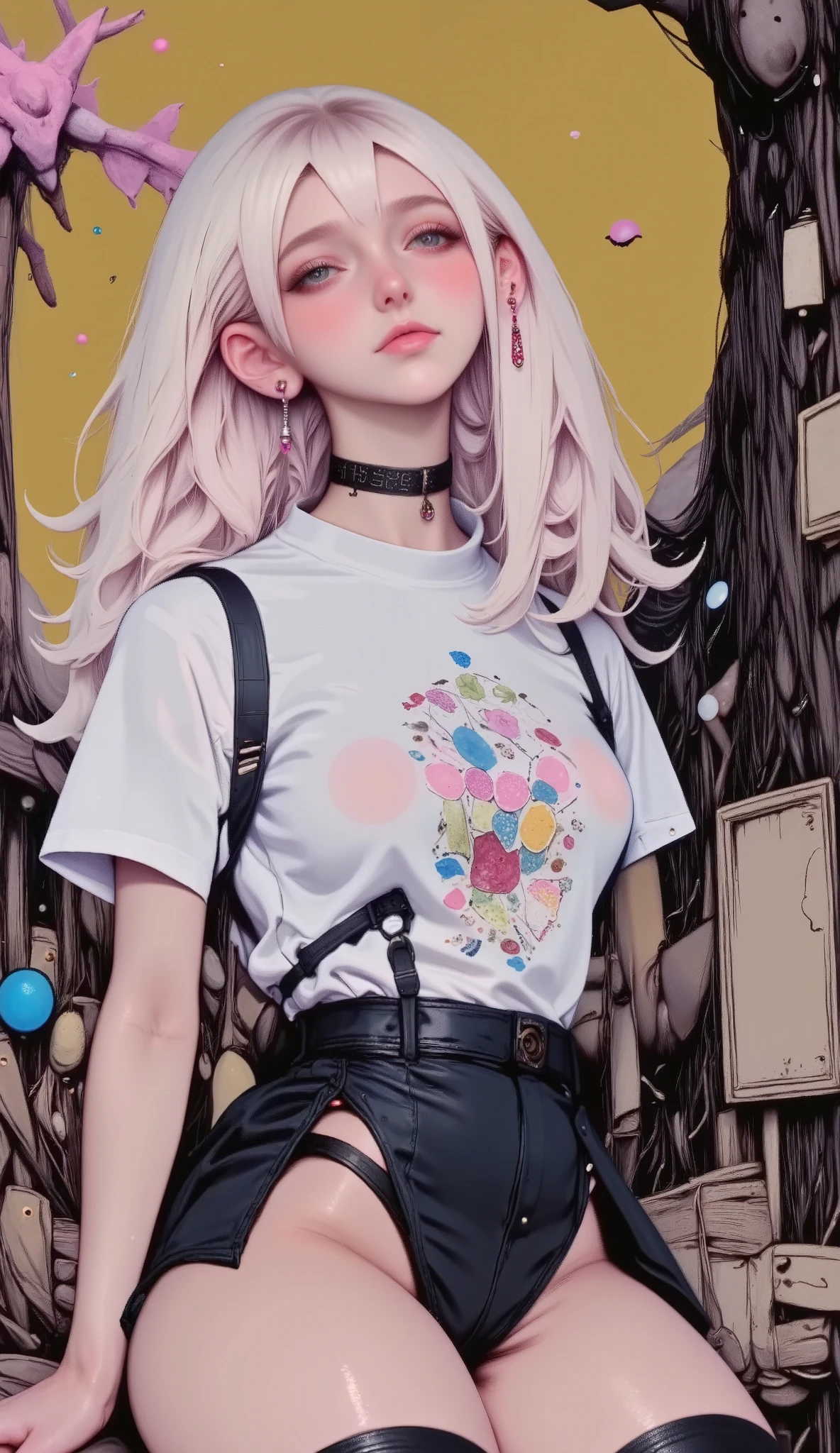  photorealistic ,  High resolution, Soft lights, 1 women, Alone , chairs up,  watching the spectator , ( detailed face ), Blue eyes,  white hair,  wide hair,  huge breasts, street clothes,  t-shirt, skirt, tattoo,jeweler&#39;s