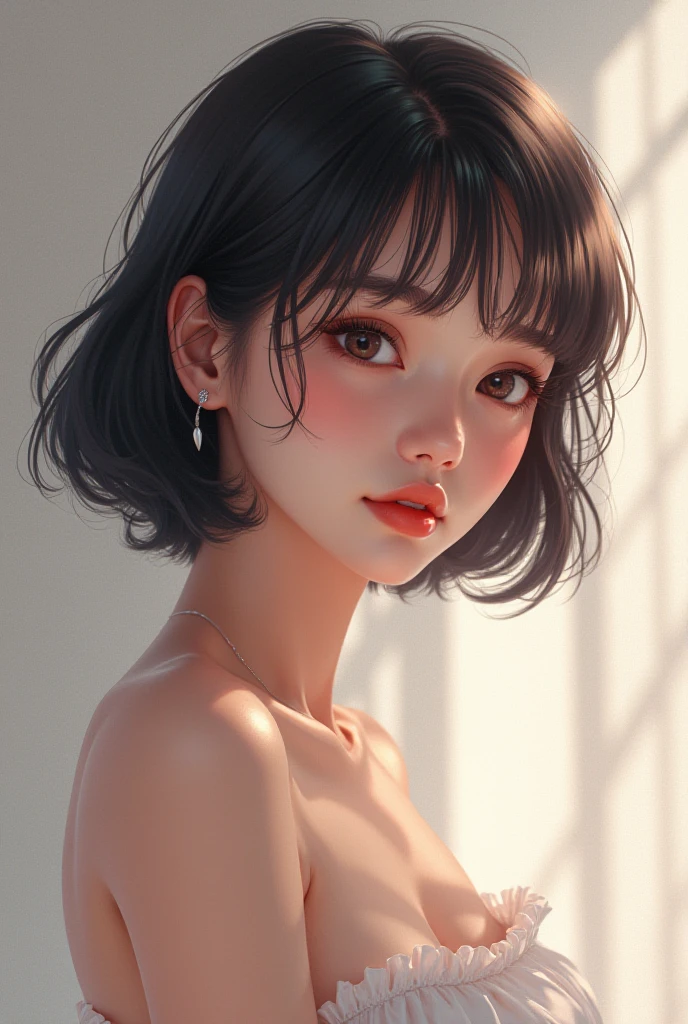 1girl, short hair, soft bangs, middle part