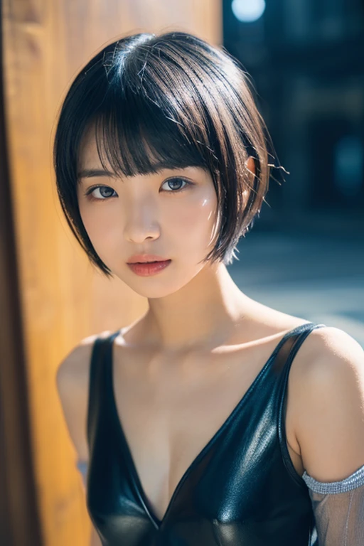 (High resolution:1.3), (16k, Photorealistic, Raw photo, Best image quality: 1.4), Japanese, (One Girl), Beautiful Face, (A vivid face), (Black-haired、short hair:1.3、Forehead:1.2), Beautiful Hairstyles, Realistic eyes, Beautifully detailed eyes, (Realistic Skin), Beautiful skins, attractive, 超A high resolution, Surreal, High detail, Golden Ratio, Highly detailed cute girl,(18-year-old), fashion
