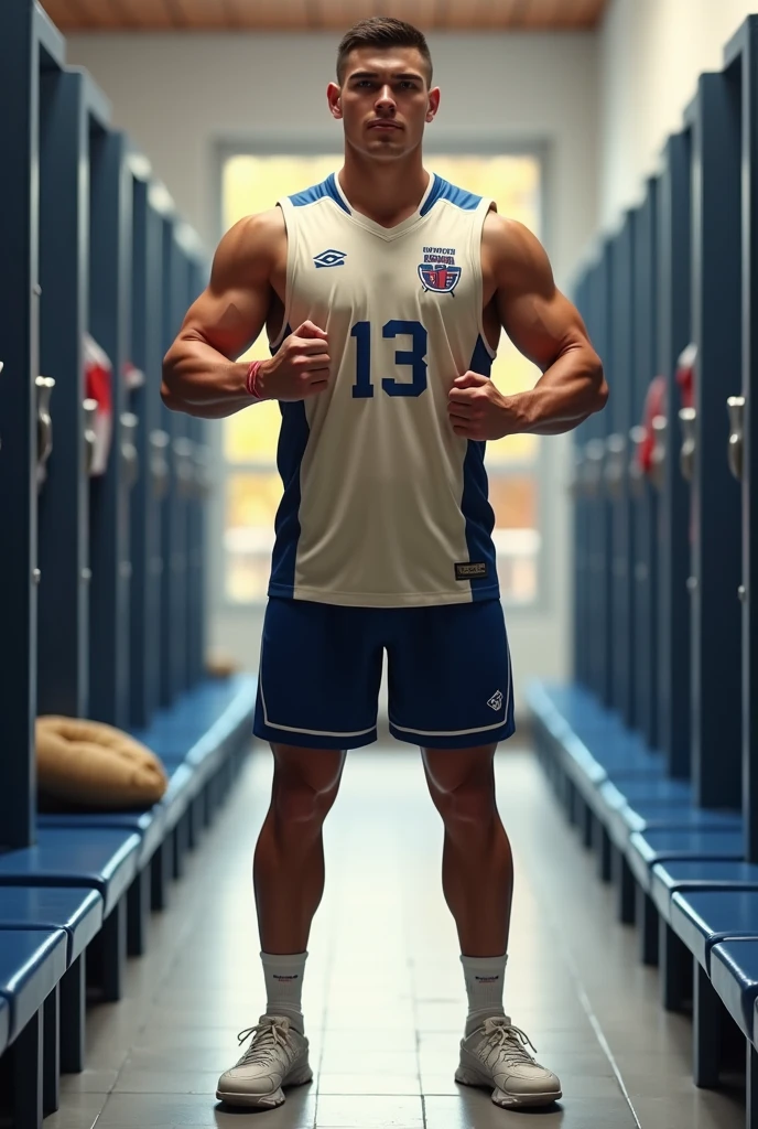 Handsome indian 38 years old GURJAR school physical teacher with football soccer shoes, head to thighs standing in school toilet with spread legs, hd, realistic, photo by Nikon camera