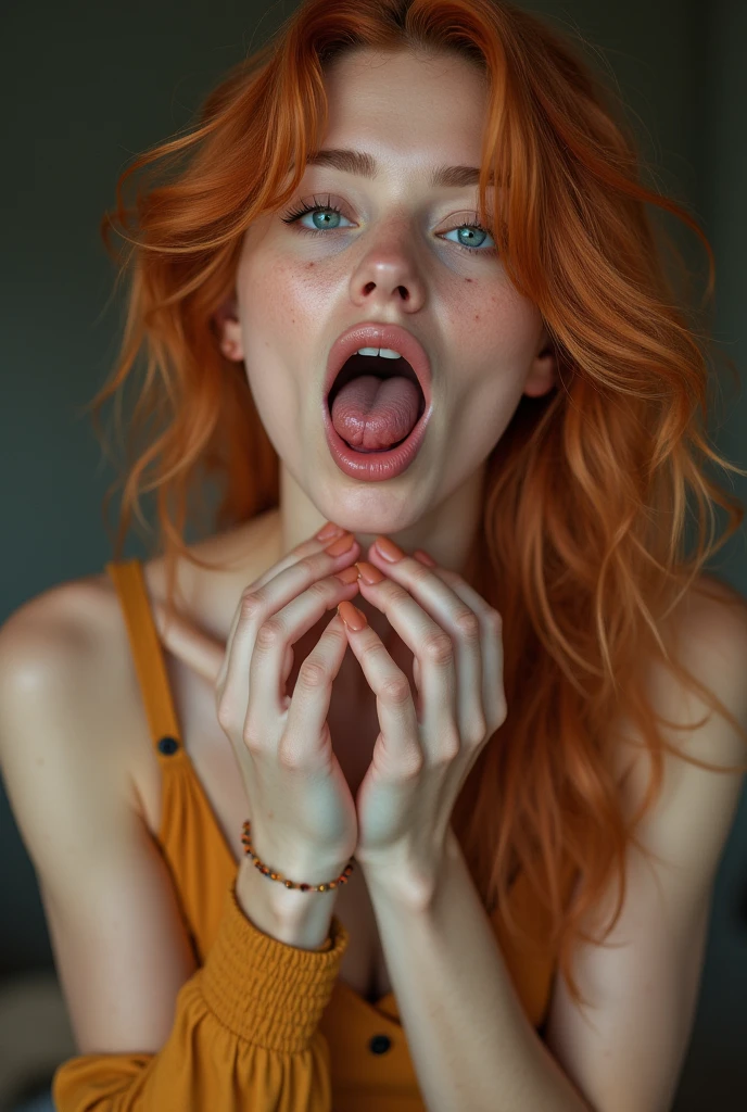 Nsfw、nude、(((1 girl))), ((((alone)))), ((messy hairstyle)), bed、(((lie down))), (((reddish yellow hair)), red eyes、((Laugh and fool yourself))、blush