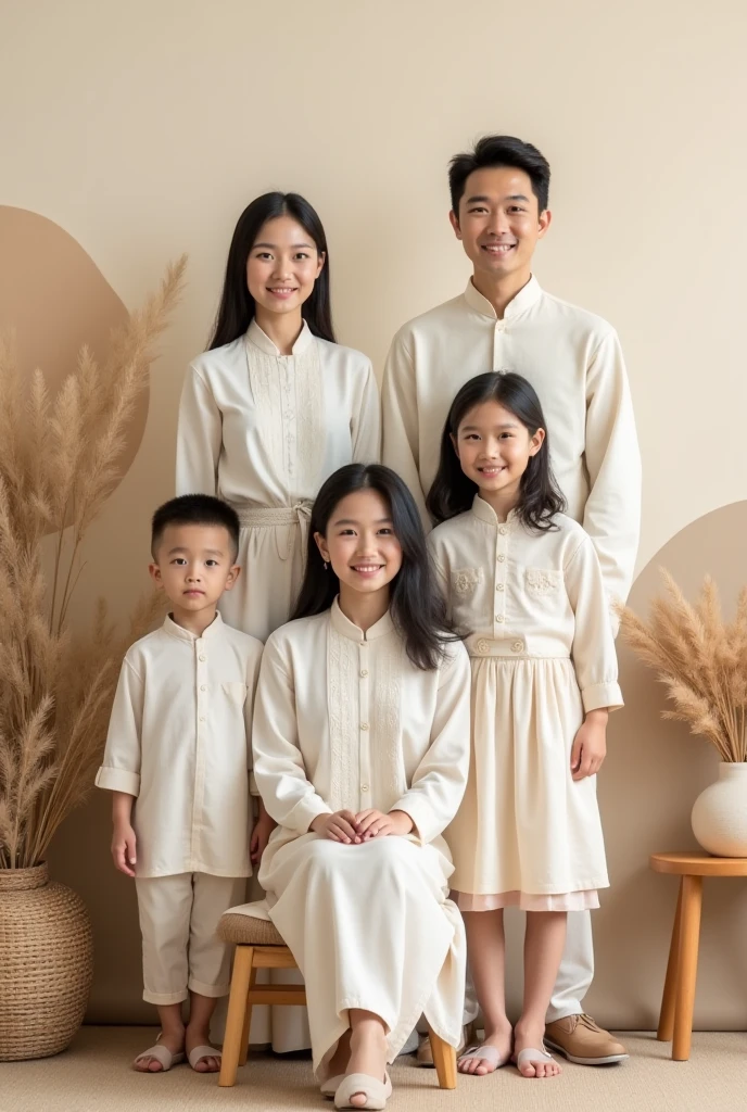A pair of young Asian husband and wife, has three sons and one daughter, stands in a staged studio portrait, facing the audience with a soft smile. The six subjects are positioned in the studio settings featuring soft and neutral color palettes. The walls are creamy and there are curves in the background, and the elements look like dried plants arranged on the wall. There is a small round table with plants in woven baskets. Soft lighting and warm colors create an interesting and calm visual atmosphere. The woman sat down, and a man stood up, oriented and facing directly to the camera. The composition is symmetrical and balanced, the two subjects appear relaxed and mutual respect. The overall style is formal, but warm and attractive, shows traditional portraits, maybe for special events. His perspective was taken from a slightly higher point of view, showing the subject from mid thighs up.