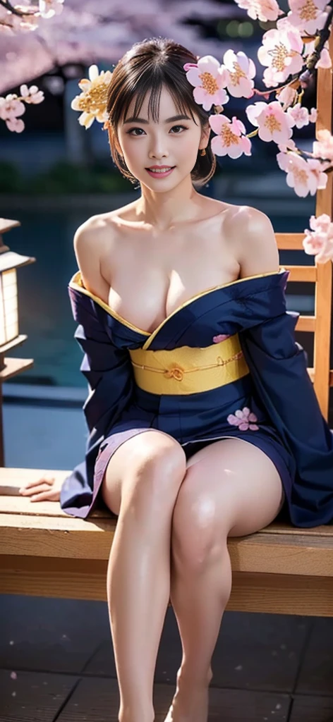 mujer sexy, delgada, pechos grandes, que se vea todo el cuerpo, que se vean las piernas, que se vean los pies, tacones rosas, cabello rosa, pelo largo, con yukata abierto