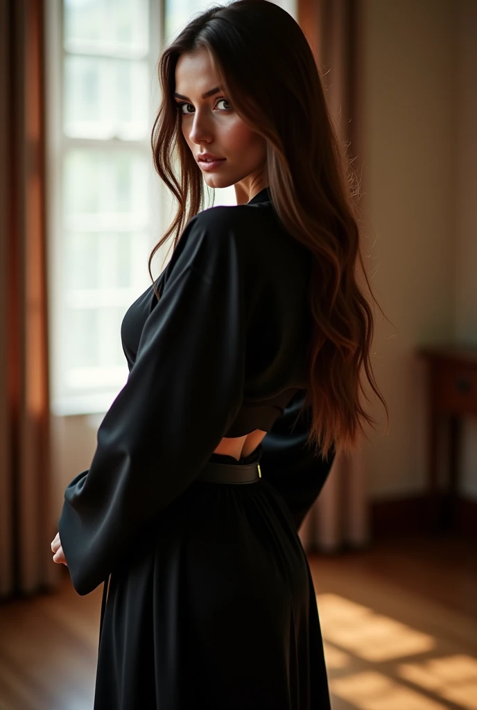 Hot russian girl with long brunette hair wearing a black kimono, standing in a room, arching her back accentuating her beautiful curves and bright image spreaded over legs white girl hot ass and breast, side view