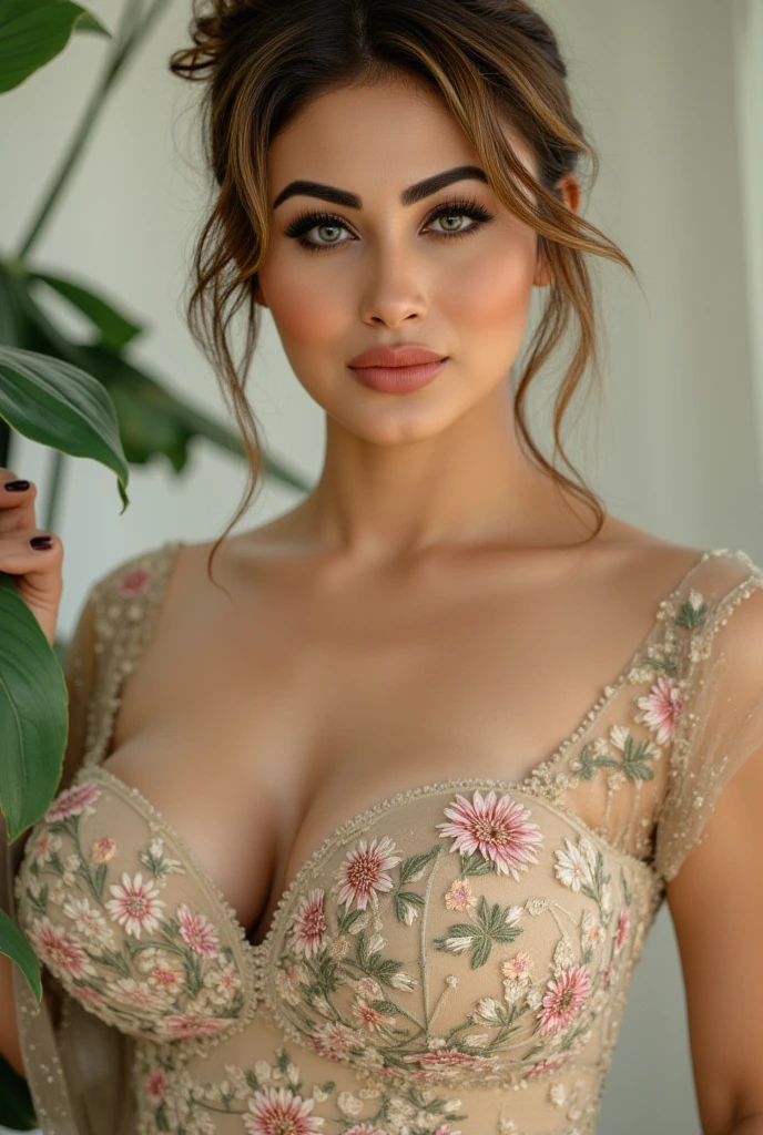 (best quality,ultra-detailed,realistic:1.37),vivid colors,professional,beautiful detailed eyes,beautiful detailed lips,long eyelashes,confident expression,slightly tanned skin,natural makeup,standing in a blooming flower garden,colorful flowers surrounding her,soft daylight illuminating her,gentle breeze blowing her hair,flawless complexion,graceful posture,sensual aura,alluring smile]