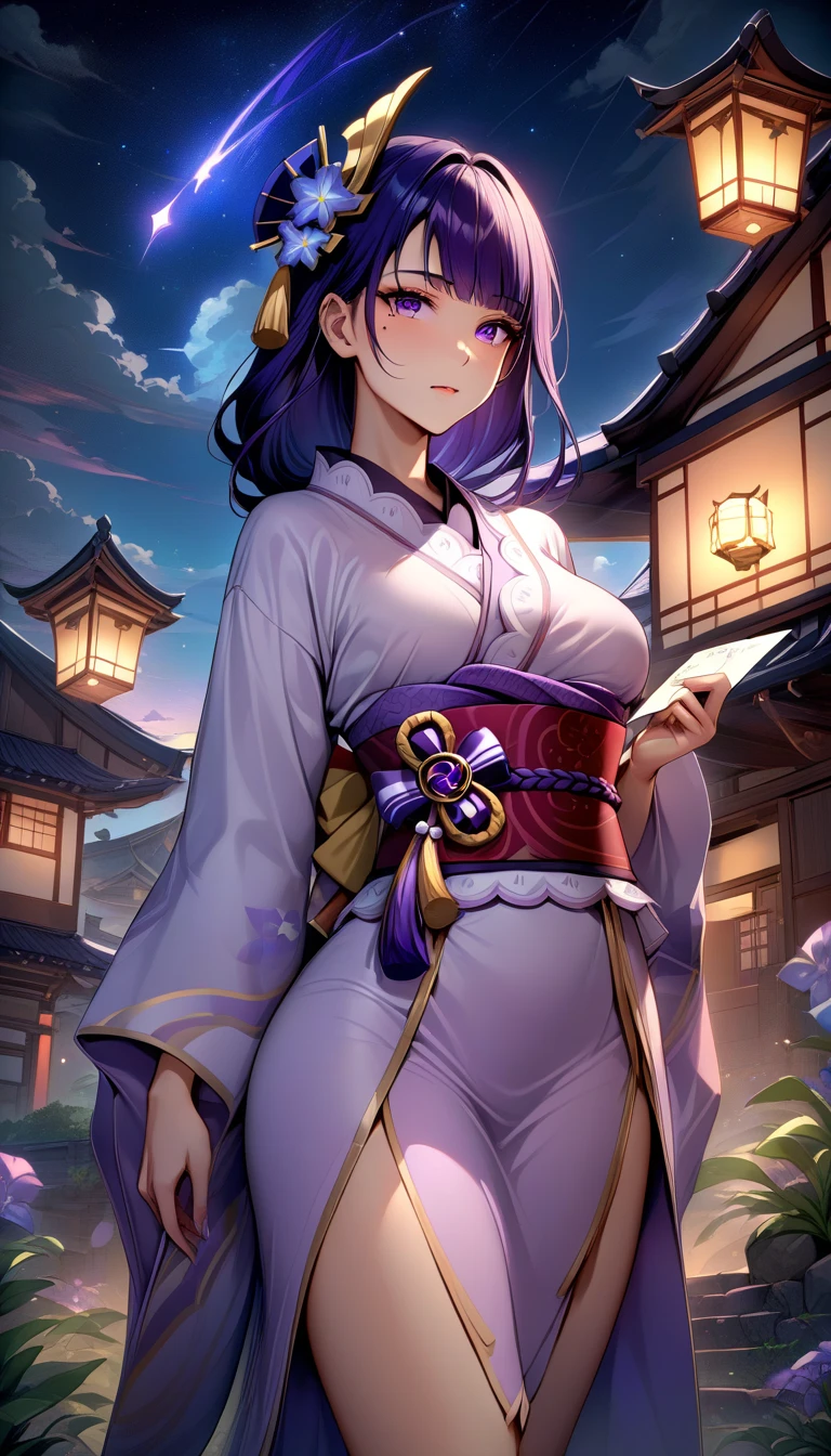 Shogun, 1girl, solamente, Cabello largo, Mirando al espectador, traje de sirvienta sin bragas, vagina expuesta con semen, adorno para el cabello, muslosaltos, mangas largas, cinta, tenencia, escote, boca cerrada, purple eyes, arma, purple hair, trenza, Flor,lenceria, vagina expuesta, desnuda, espada, mangas anchas, tenencia arma, armadura, topo, Borrosa, sash, topo under eye, tenencia espada, Obi, shoulder armadura, borla, Guanteletes nupciales, escalera, purple Flor, vision (Impacto de Genshin), Obijime, Tomoe (simbol), Obiage, mitsudomoe (forma), senos medianos, vagina expuesta,