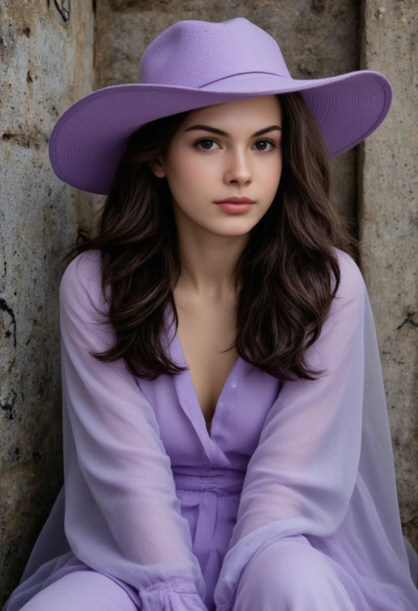 a beautiful girl, perfect face, arms at sides, masterpiece, ultra high res, high quality, 4k, upper body:1.5,  lisa (genshin impact), urple witch hat, green eyes, brown hair, (PureErosFace_V1:0.008), (european:1.6), bangs, dress, rose, jewelry, witch, capelet, purple headwear, black gloves, purple flower, hair between eyes, purple rose, parted lips, purple capelet, hat flower, multicolored dress, hair ornament,  windmill, from side,