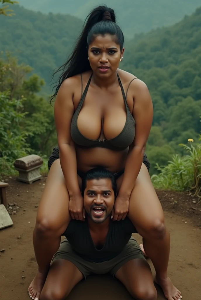 beautiful chubby aztec tribe, all on fours pose, fucked from behind by giant man, doggystyle sex, man penis inserting her asshole, anal sex, man hands holding her waist, jungle, full body shoot, cinematic lighting, side view, screaming in pain, voluptuous woman, big curvy, cleavage, huge natural breast, pale skin, sweaty body, real detailed, realistic, hd