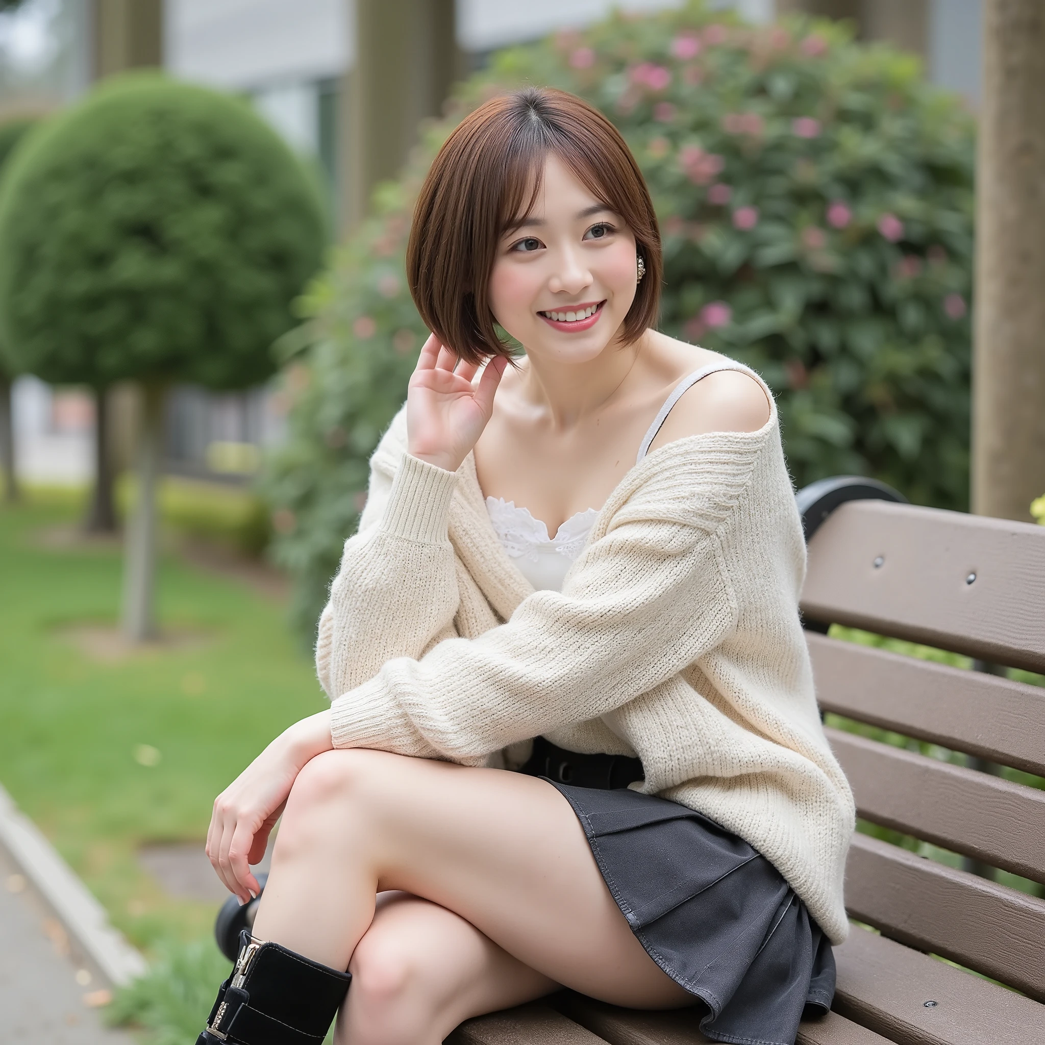 『 1 Japanese girl :1.3』『 real photos:1.3』 best quality :1.2、(( big breasts))、 and see a little bit of cleavage 、(( young woman))、(( have red cheeks ))『 smiling with her teeth :1.9』、((( anatomically correct、 Perfect Anatomy、 anatomically correct指)))、 realistic, best quality , Ultra high resolution, RAW photo, (Curvy body)、Photos are taken by professional photographers,Laughter:1.5,Close up shot of a woman sitting on the sidewalk , wearing a sweater , Short brown hair, young and pretty girl, Wearing a flared skirt, wearing stylish boots, sit on a park bench :1.5, fancy makeup with red eyeshadow ,